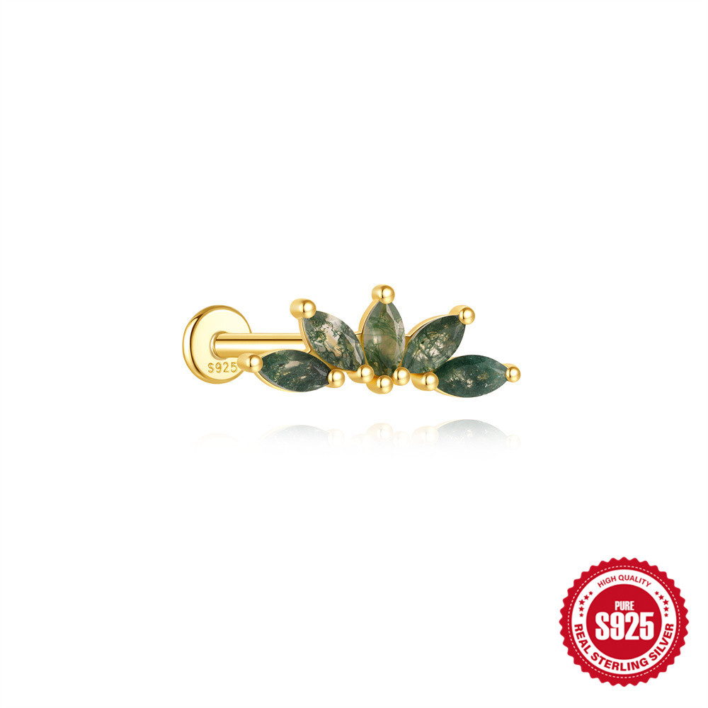 925 Natural Moss Mgate Flat-head Threaded Cartilage Piercing Earring