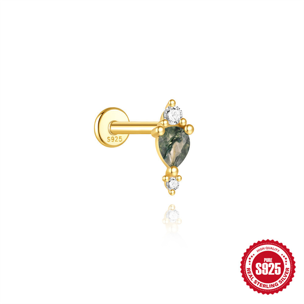 925 Natural Moss Mgate Flat-head Threaded Cartilage Piercing Earring