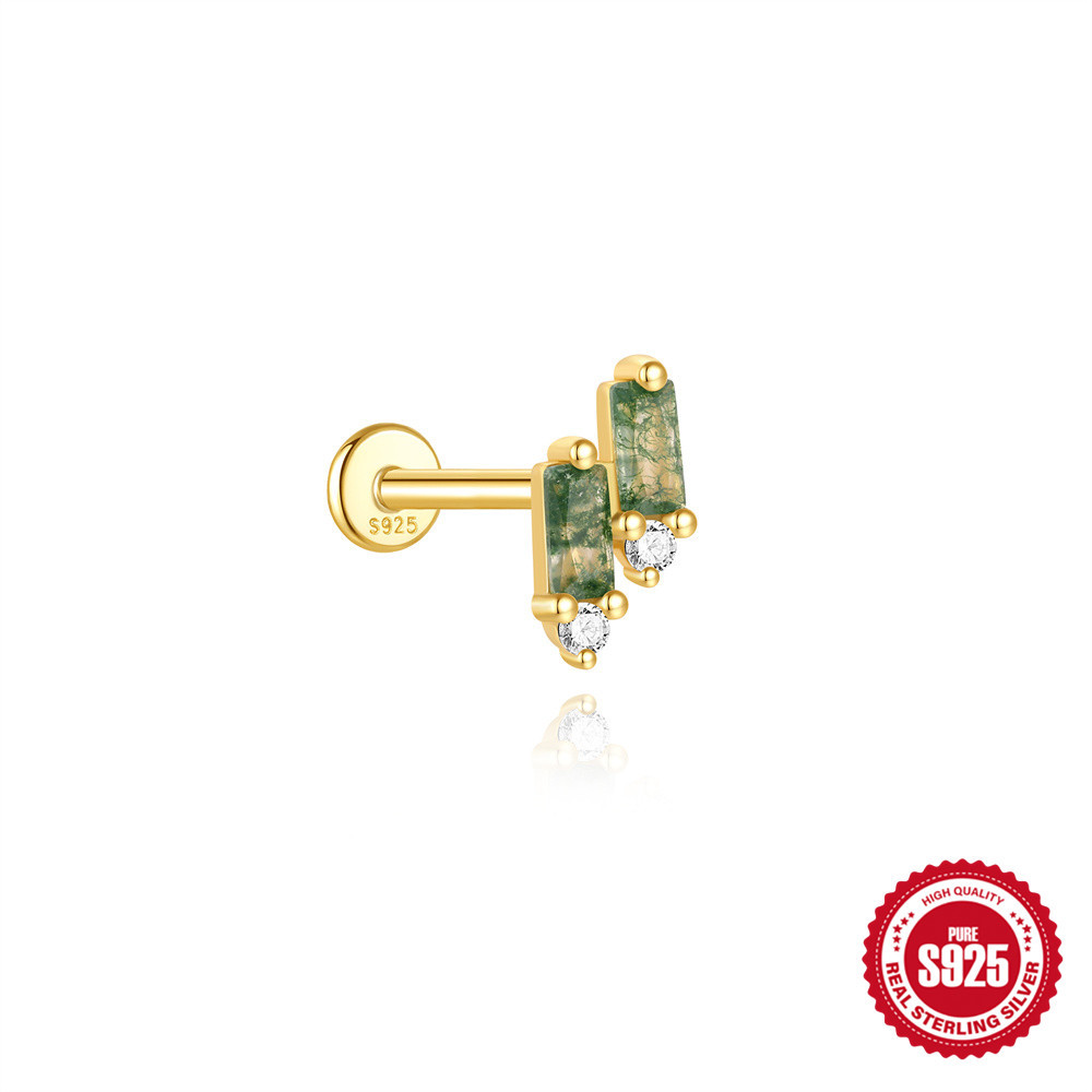 925 Natural Moss Mgate Flat-head Threaded Cartilage Piercing Earring
