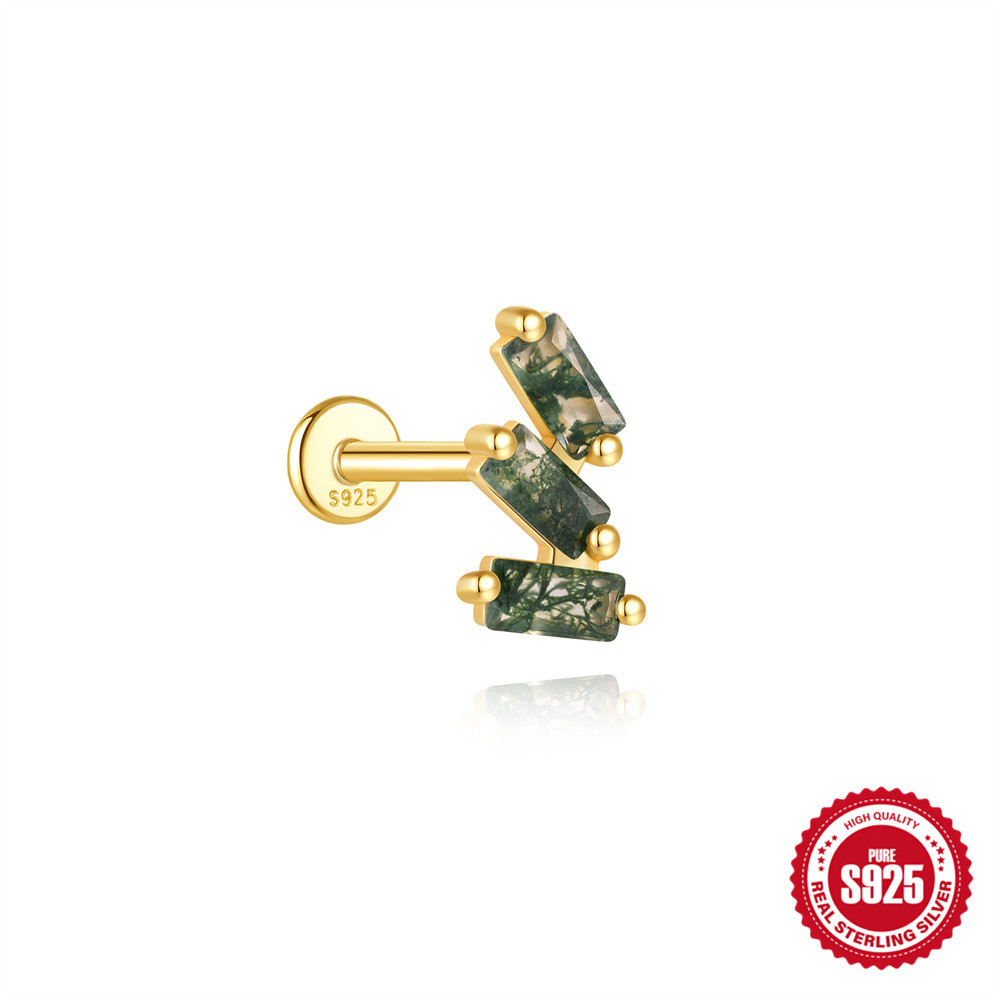 925 Natural Moss Mgate Flat-head Threaded Cartilage Piercing Earring