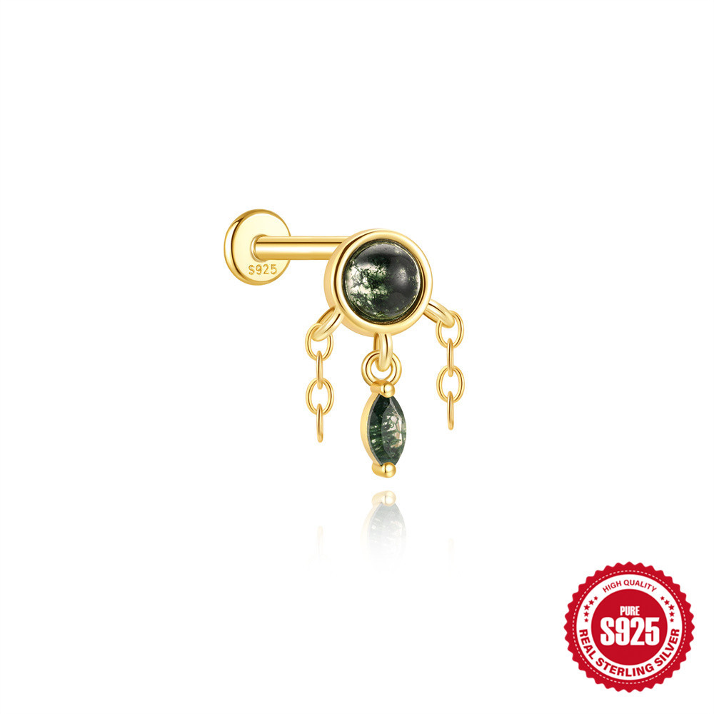 925 Natural Moss Mgate Flat-head Threaded Cartilage Piercing Earring