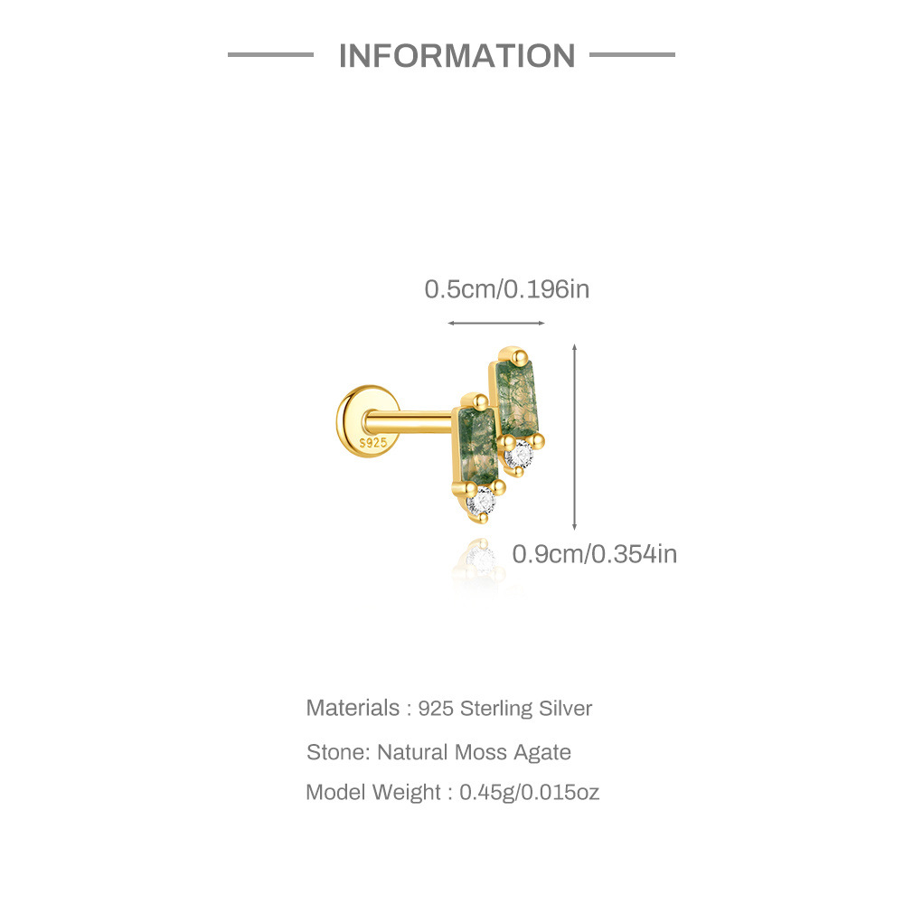 925 Natural Moss Mgate Flat-head Threaded Cartilage Piercing Earring