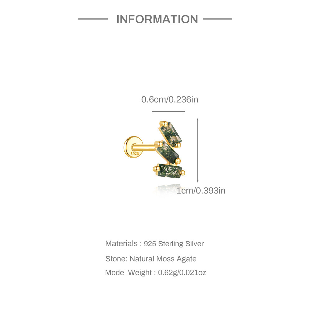 925 Natural Moss Mgate Flat-head Threaded Cartilage Piercing Earring