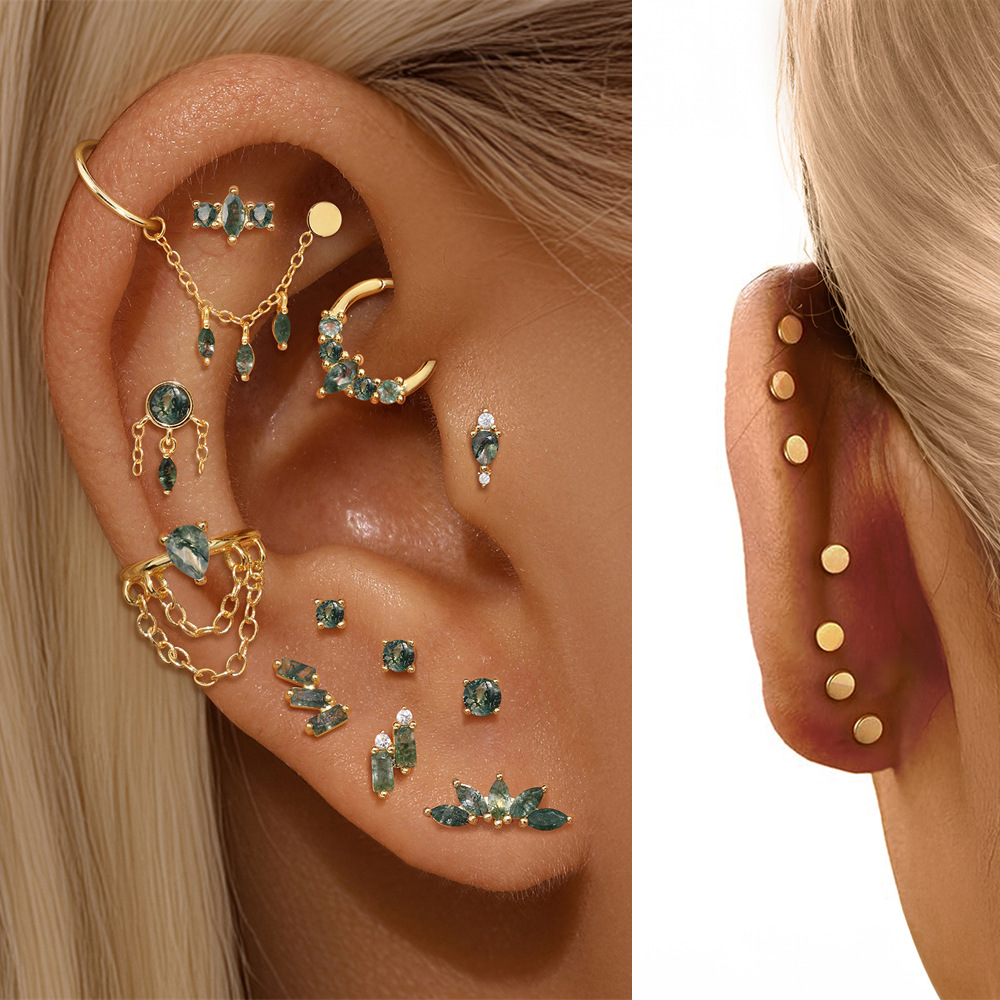 925 Natural Moss Mgate Flat-head Threaded Cartilage Piercing Earring