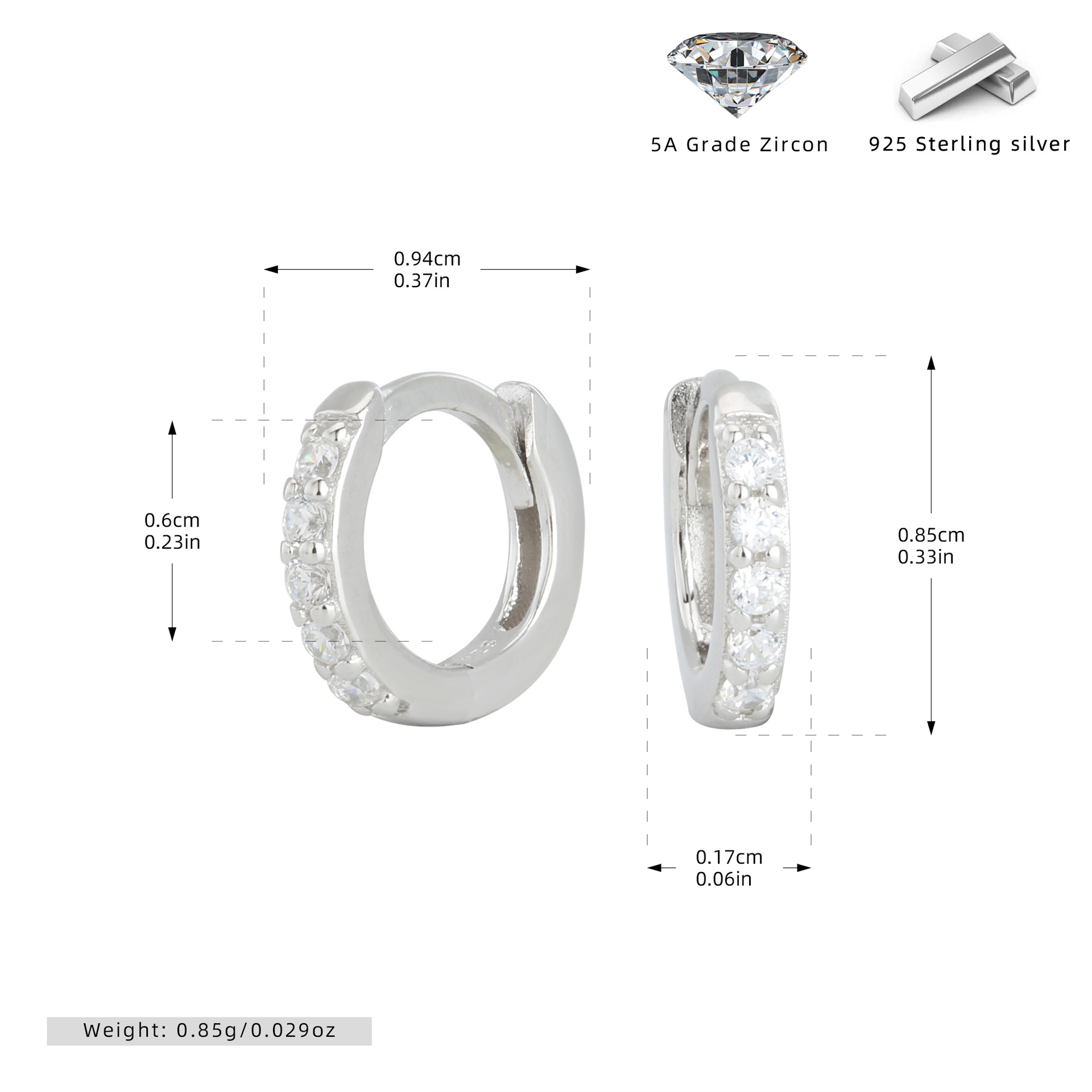 925 Sterling Silver Multi Size Zircon Hoop Earring Set