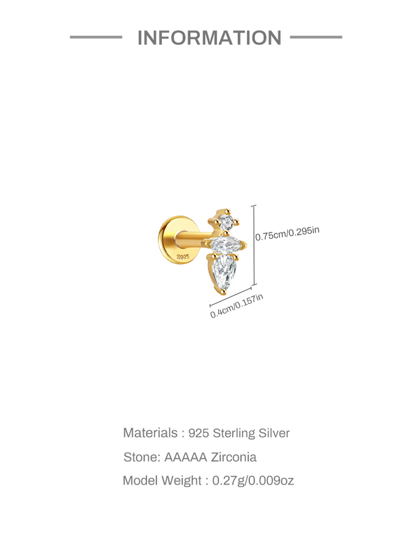 925 Everyday Matching Zircon Tassel Geometric 16g Pierced Thread Ear Cartilage Stud Earring