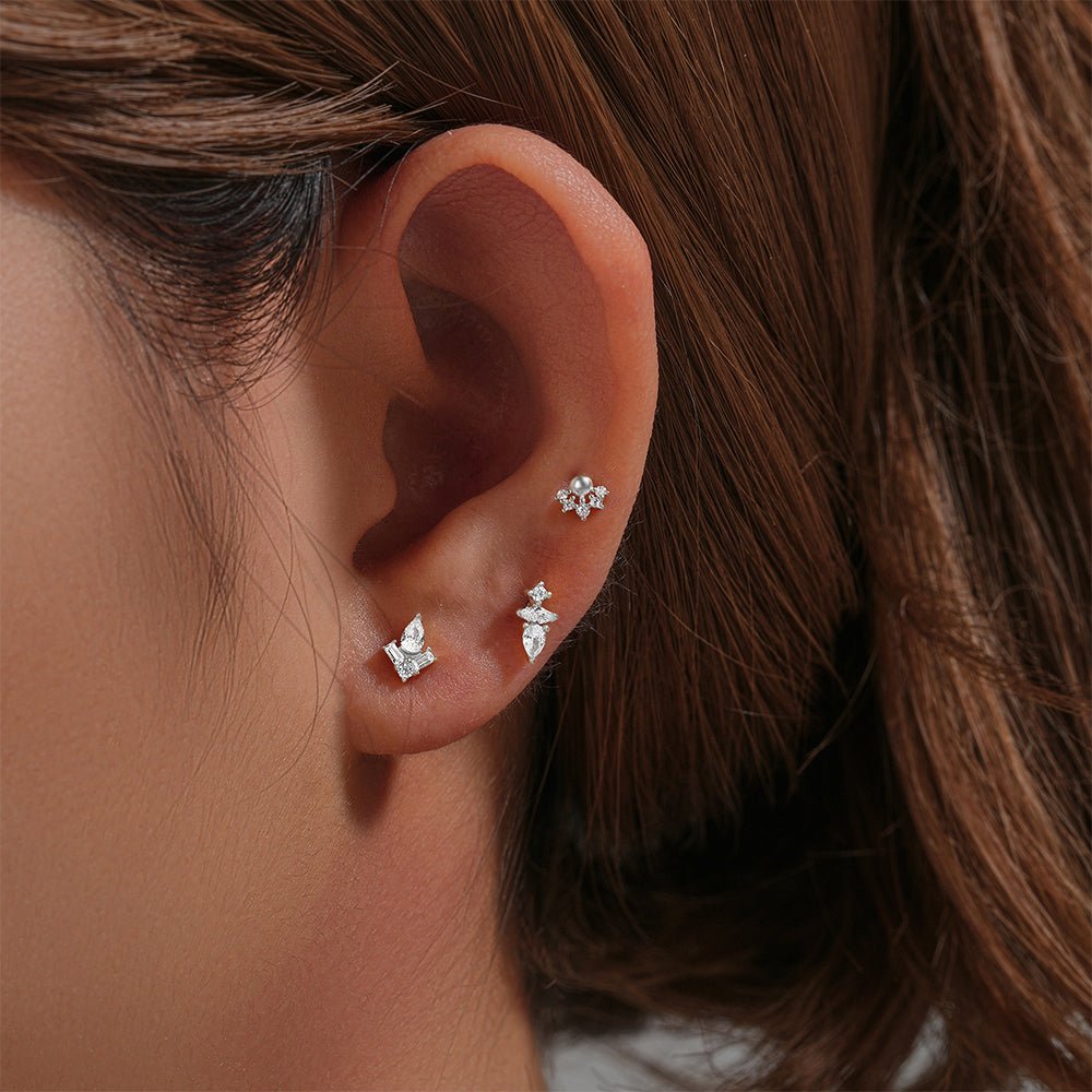 925 Sterling Silver Crown Flat End  Ear Piercing Stud Set