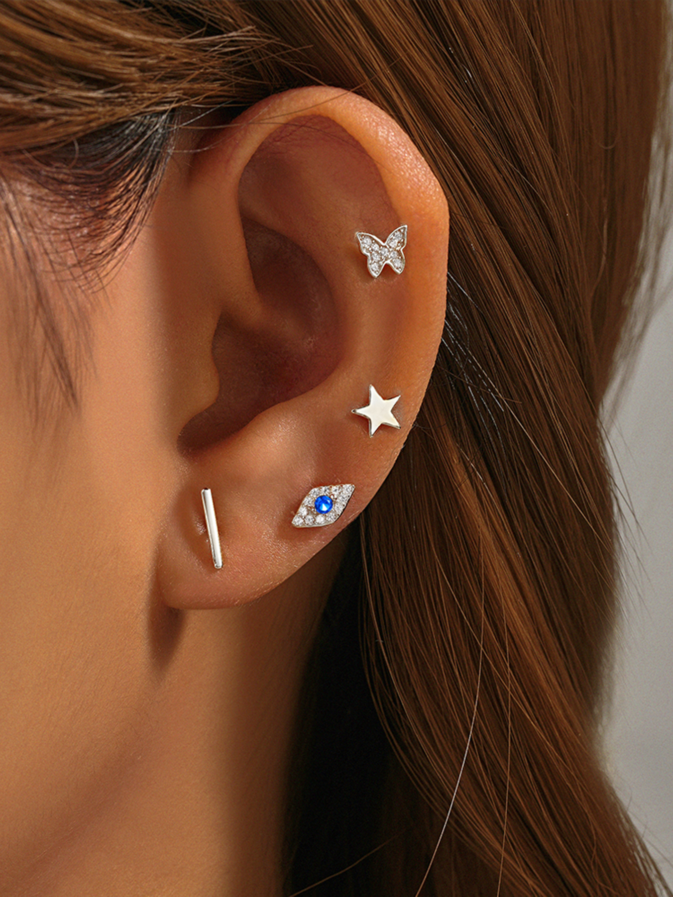 925 Sterling Pearl Butterfly Chain Diamond Cartilage Spiral Piercing Earrings