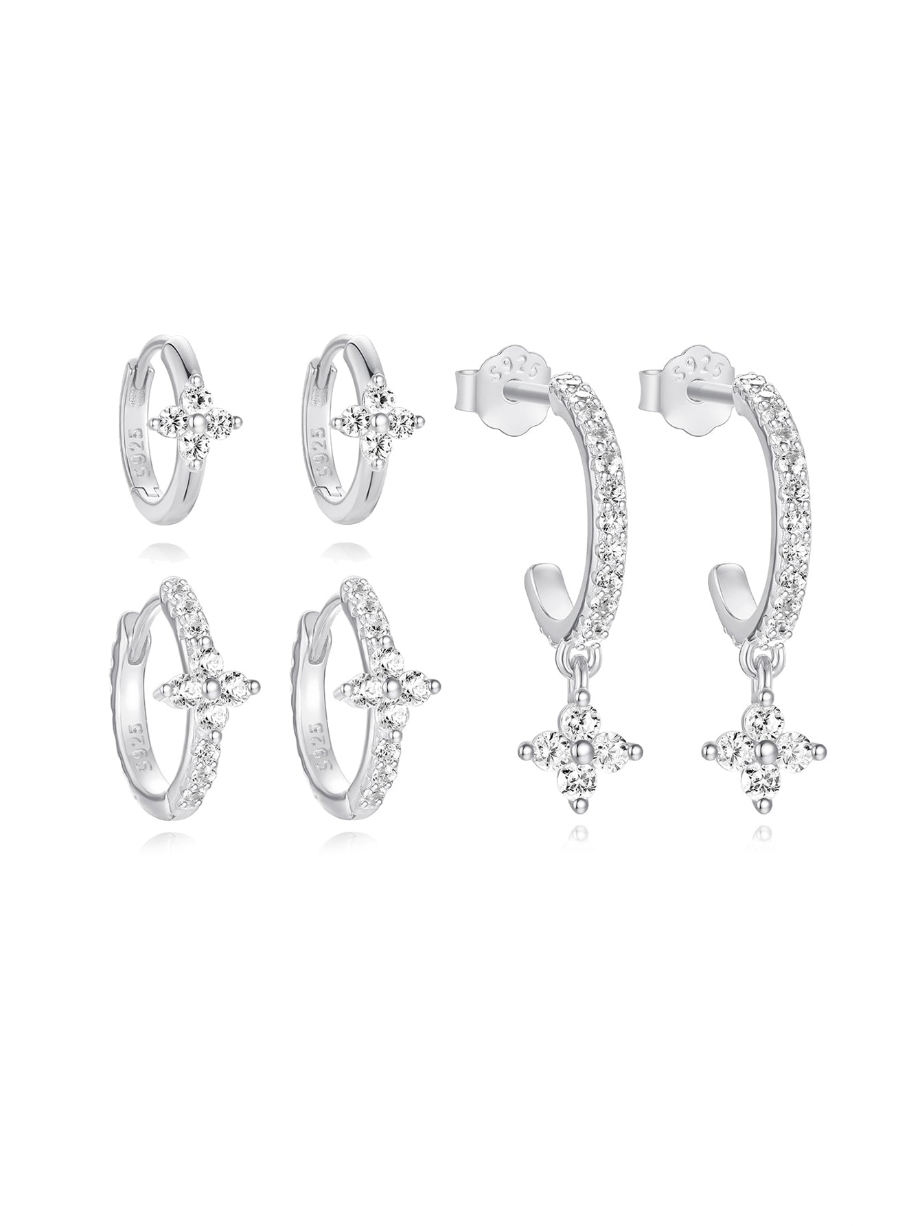3pcs Floral Zircon 925 Sterling Silver Earring Set