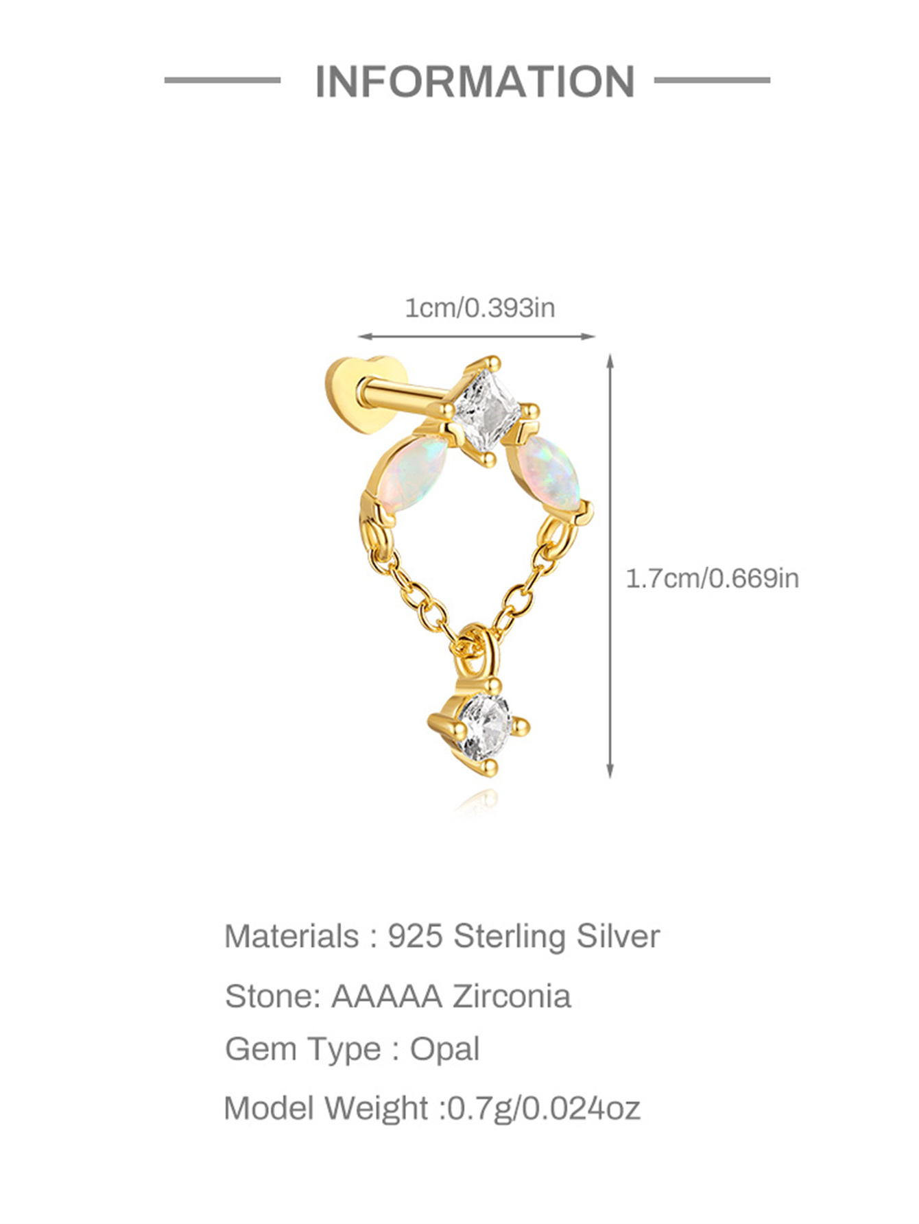 925 Opal Flat-head Threaded Cartilage Piercing Earring