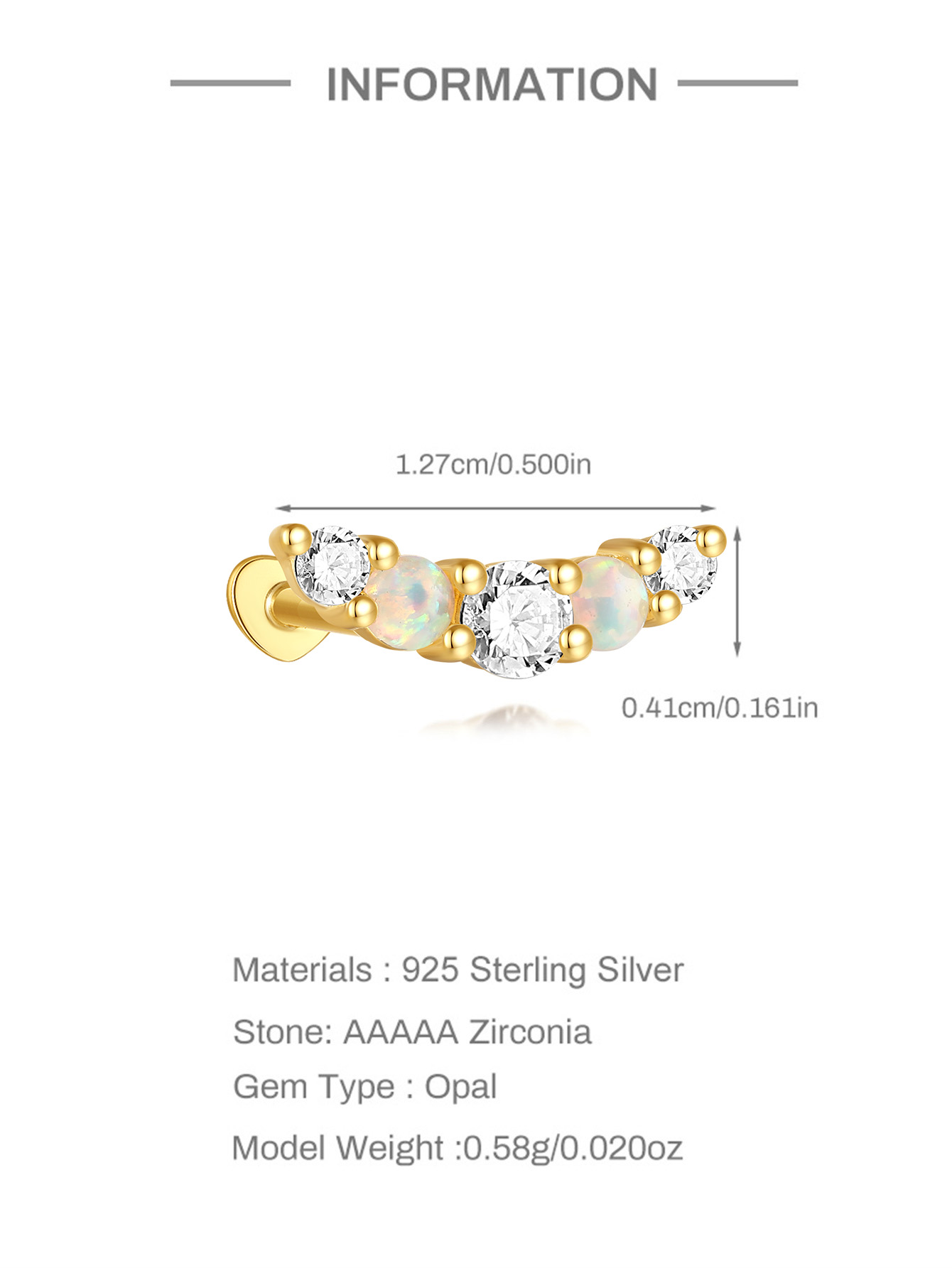 925 Opal Flat-head Threaded Cartilage Piercing Earring