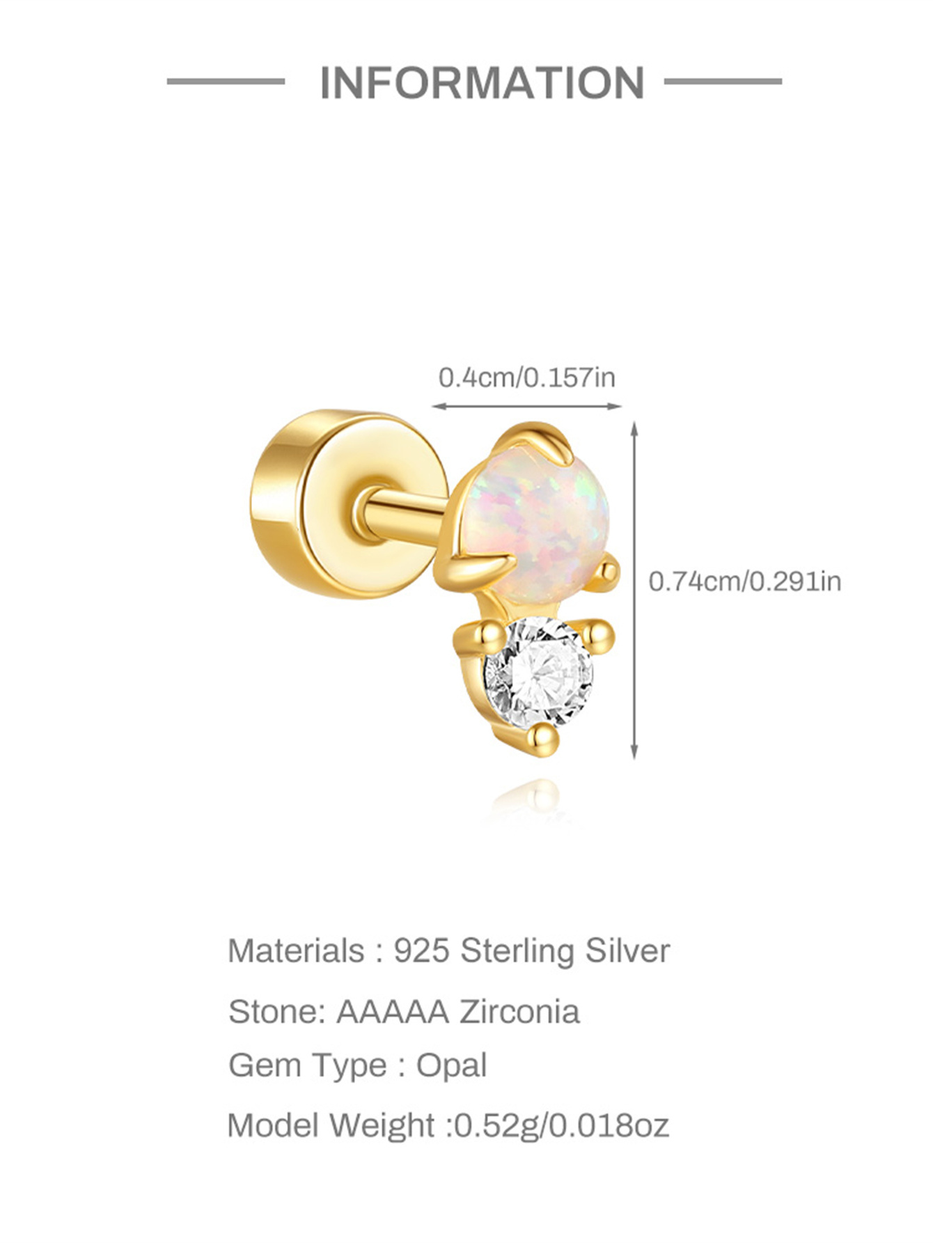[Copy]925 Opal Flat-head Threaded Cartilage Piercing Earring
