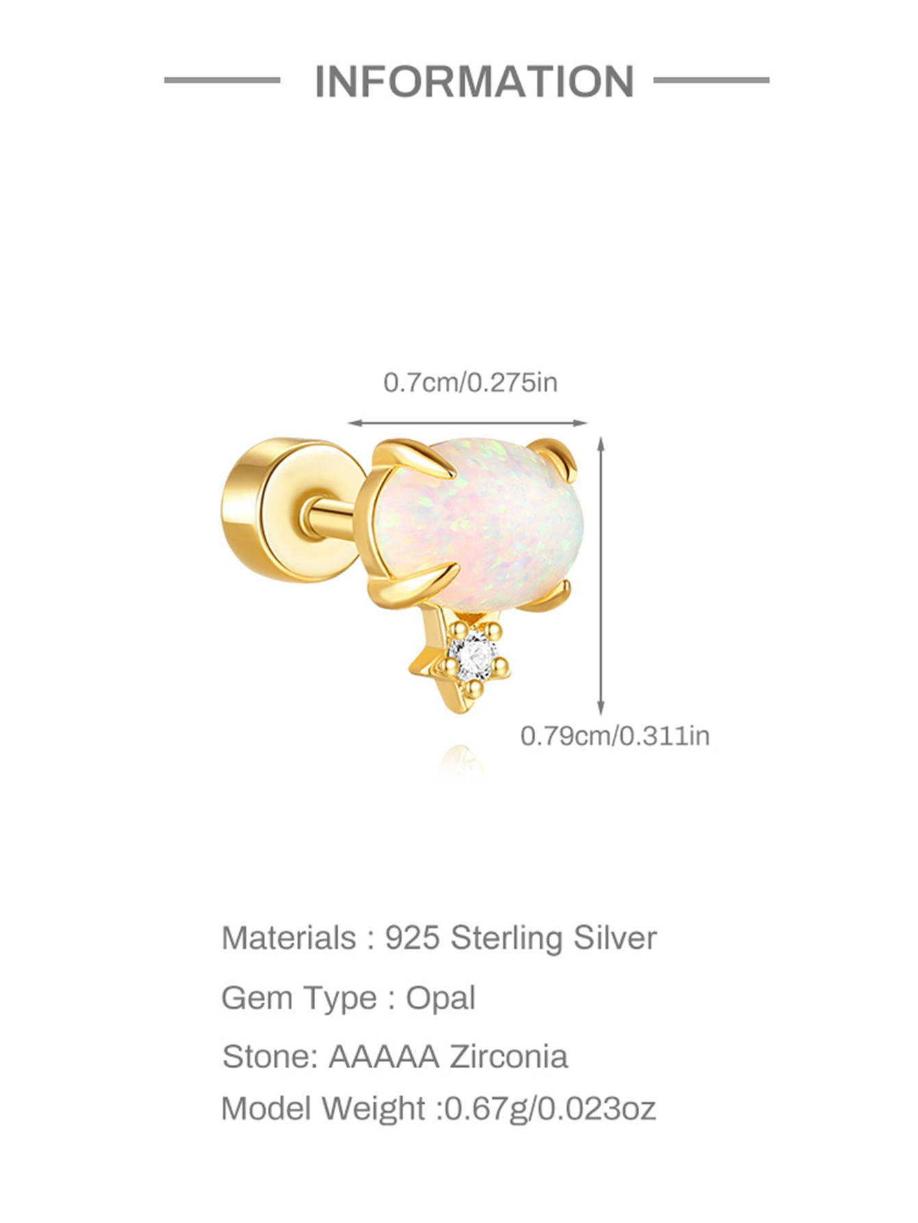 [Copy][Copy][Copy]925 Opal Flat-head Threaded Cartilage Piercing Earring