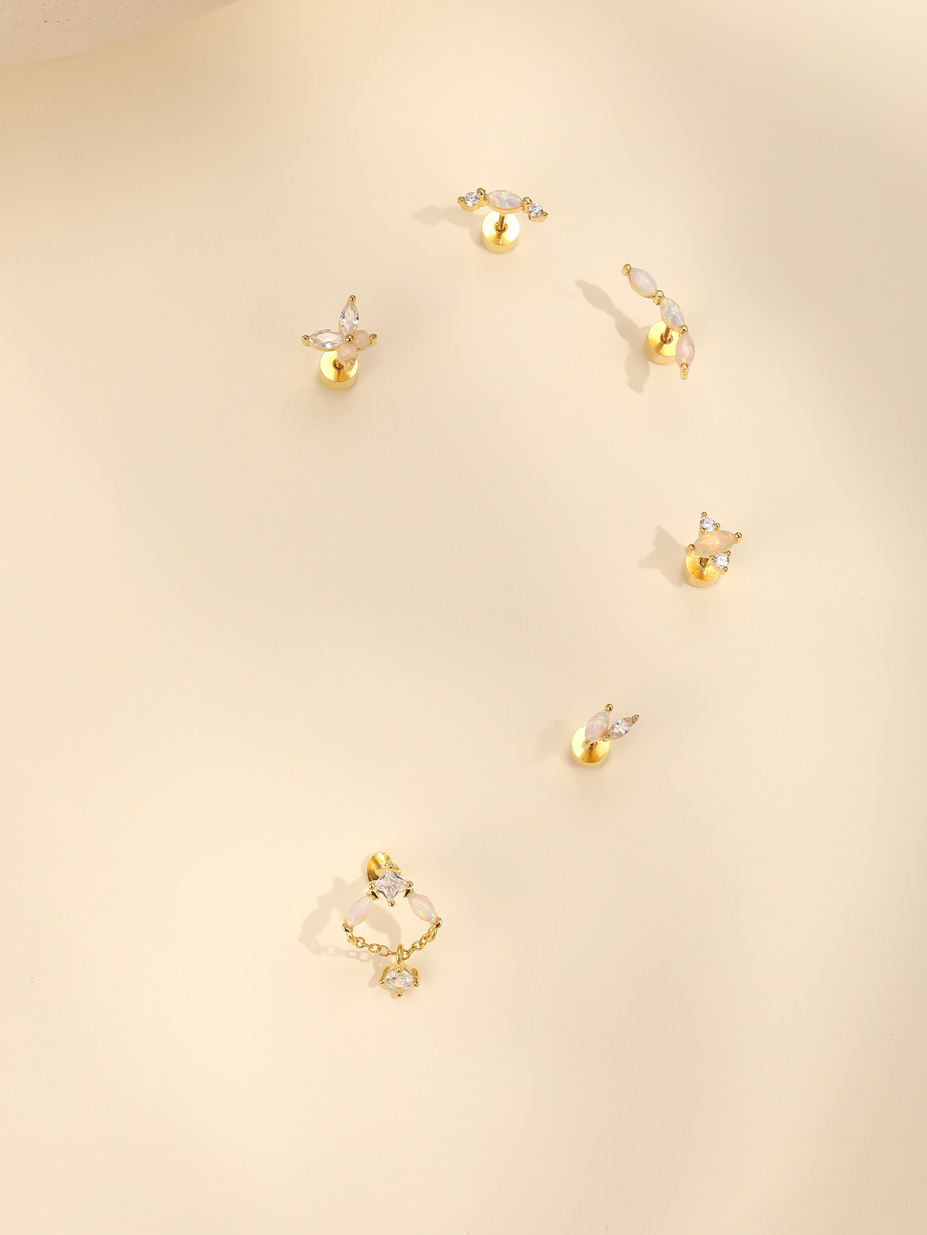 925 Zircon Opal Flat-head Threaded Cartilage Piercing Earring