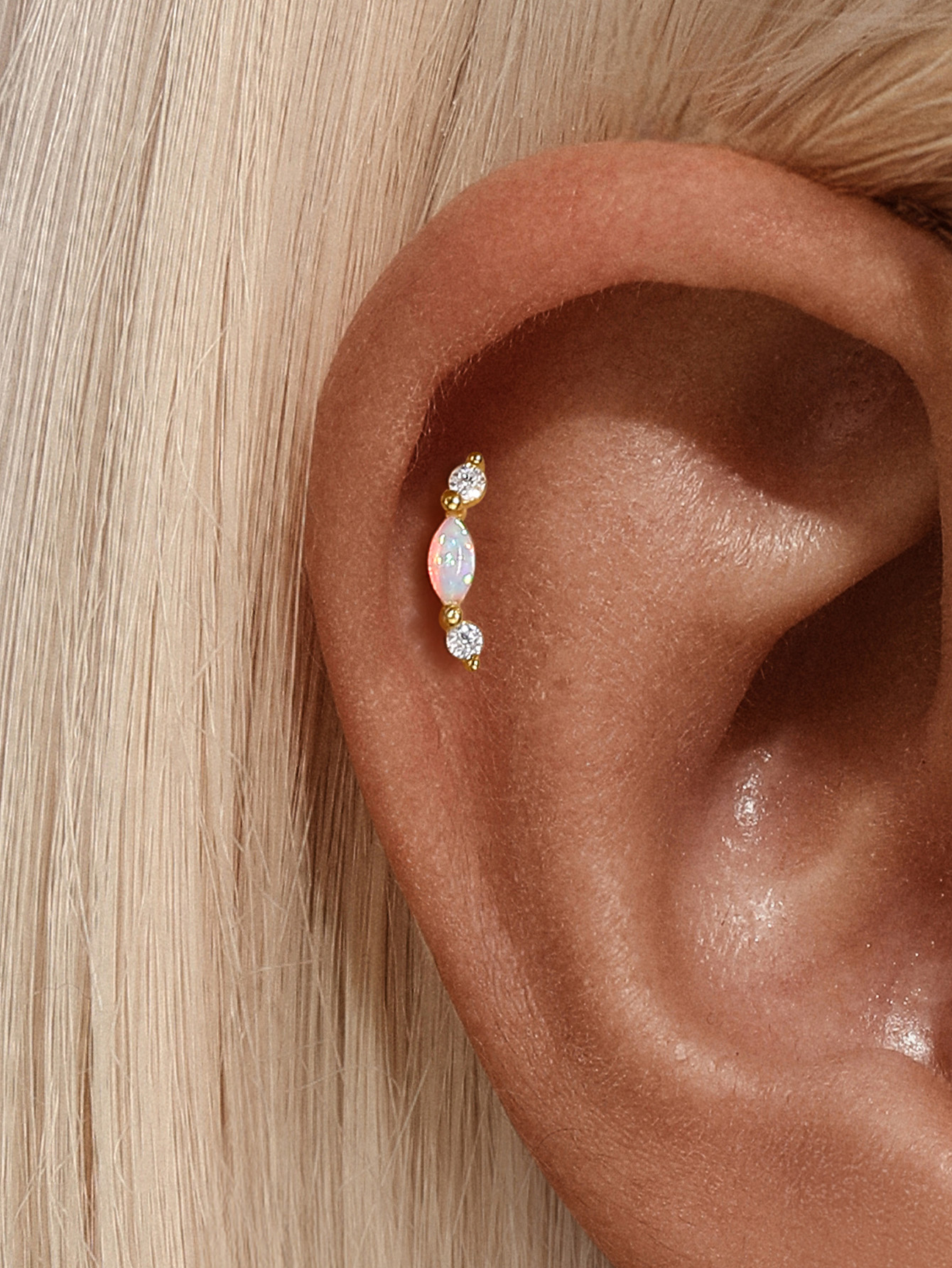 925 Zircon Opal Flat-head Threaded Cartilage Piercing Earring