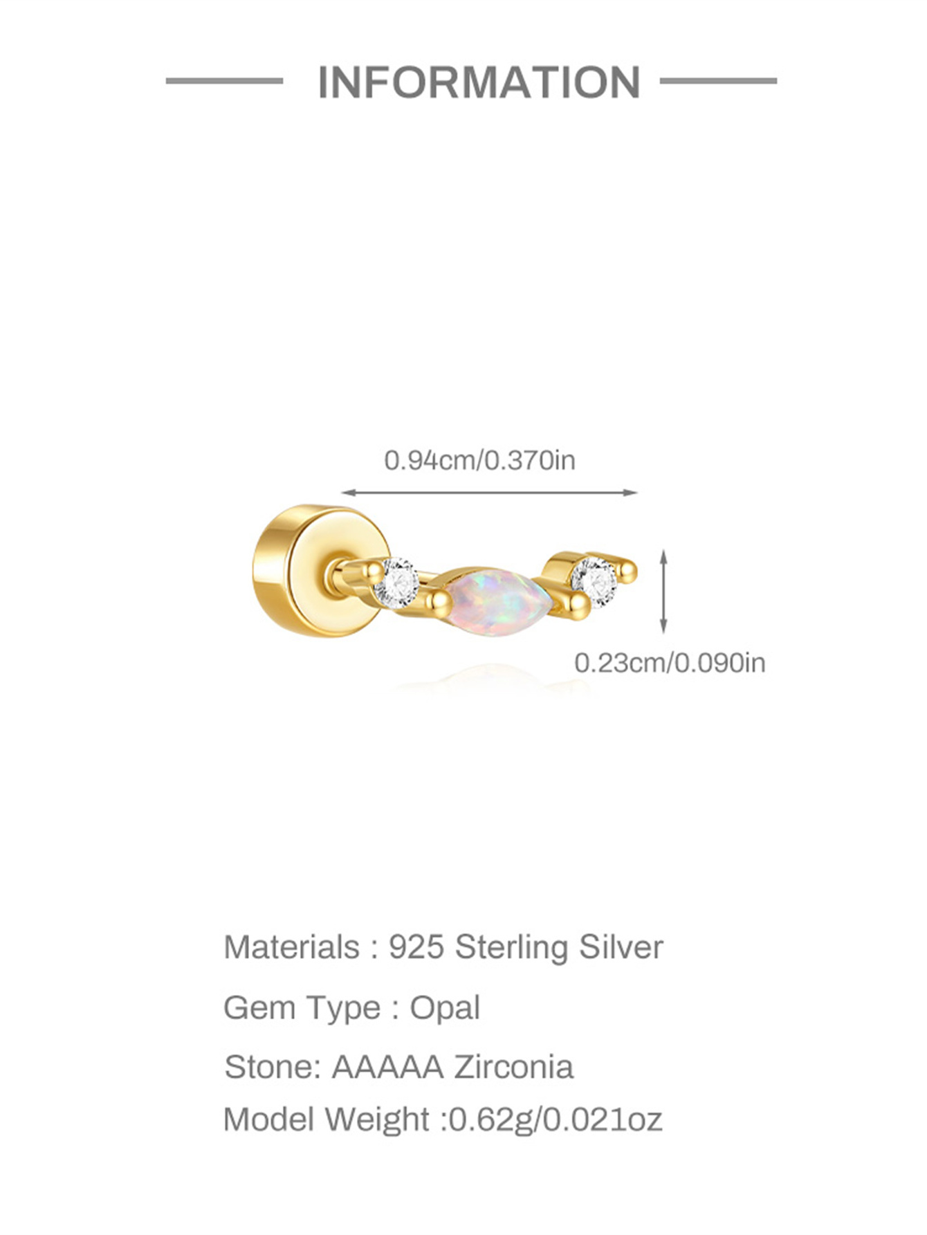 925 Zircon Opal Flat-head Threaded Cartilage Piercing Earring