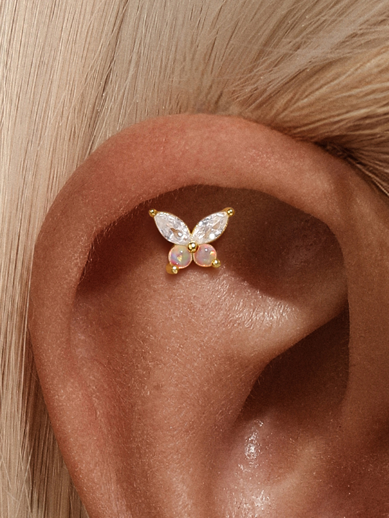 925 Four-leaf Clover Zircon Opal Flat-head Threaded Cartilage Piercing Earring