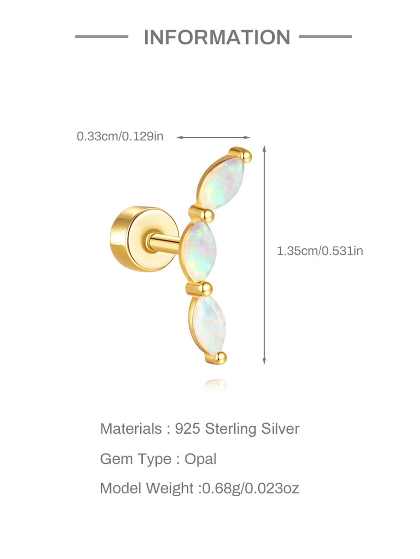 925 3-leaf Clover Opal Flat-head Threaded Cartilage Piercing Earring