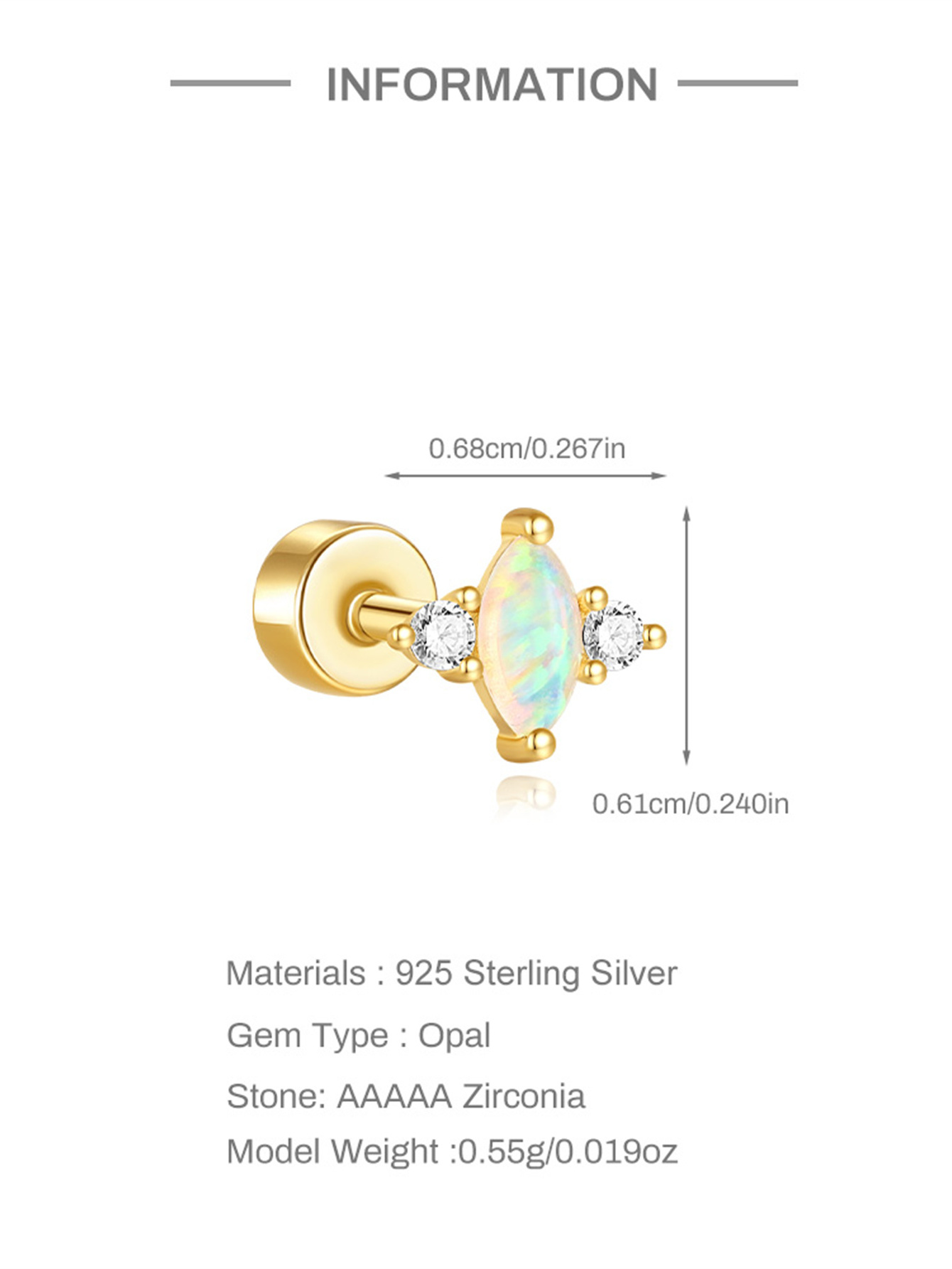 925 Opal Flat-head Threaded Cartilage Piercing Earring