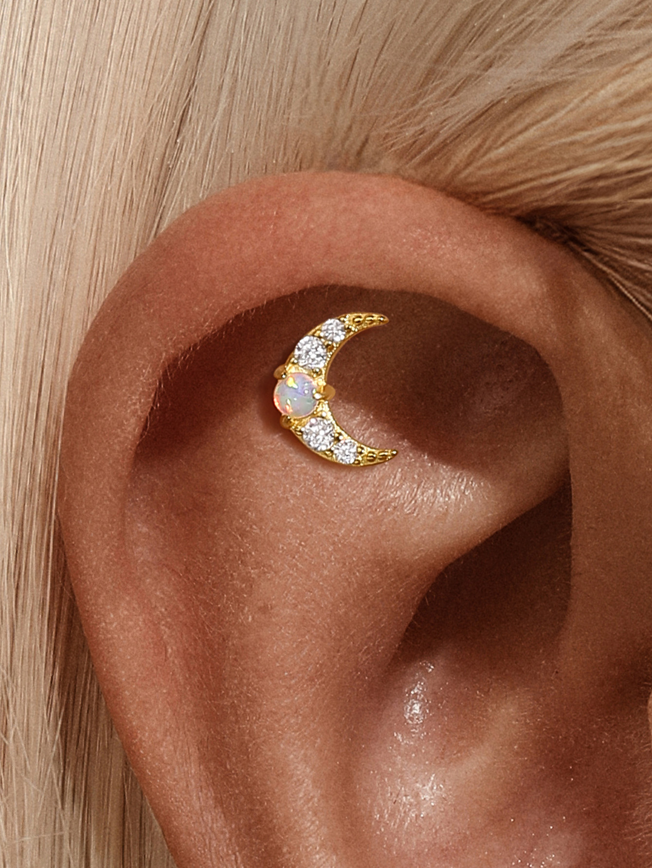 925 Moon Opal Flat-head Threaded Cartilage Piercing Earring