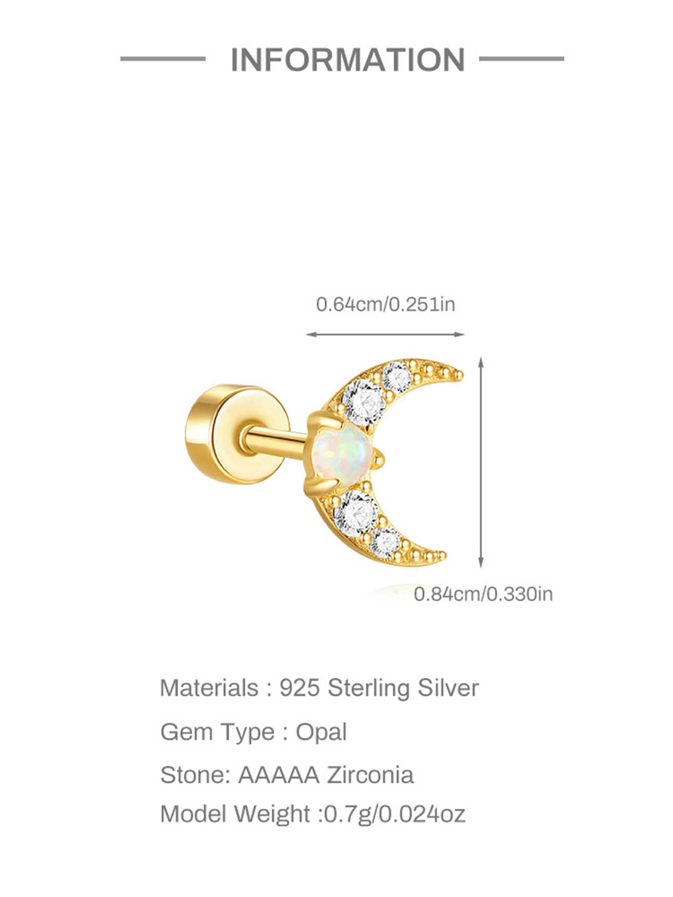 925 Moon Opal Flat-head Threaded Cartilage Piercing Earring