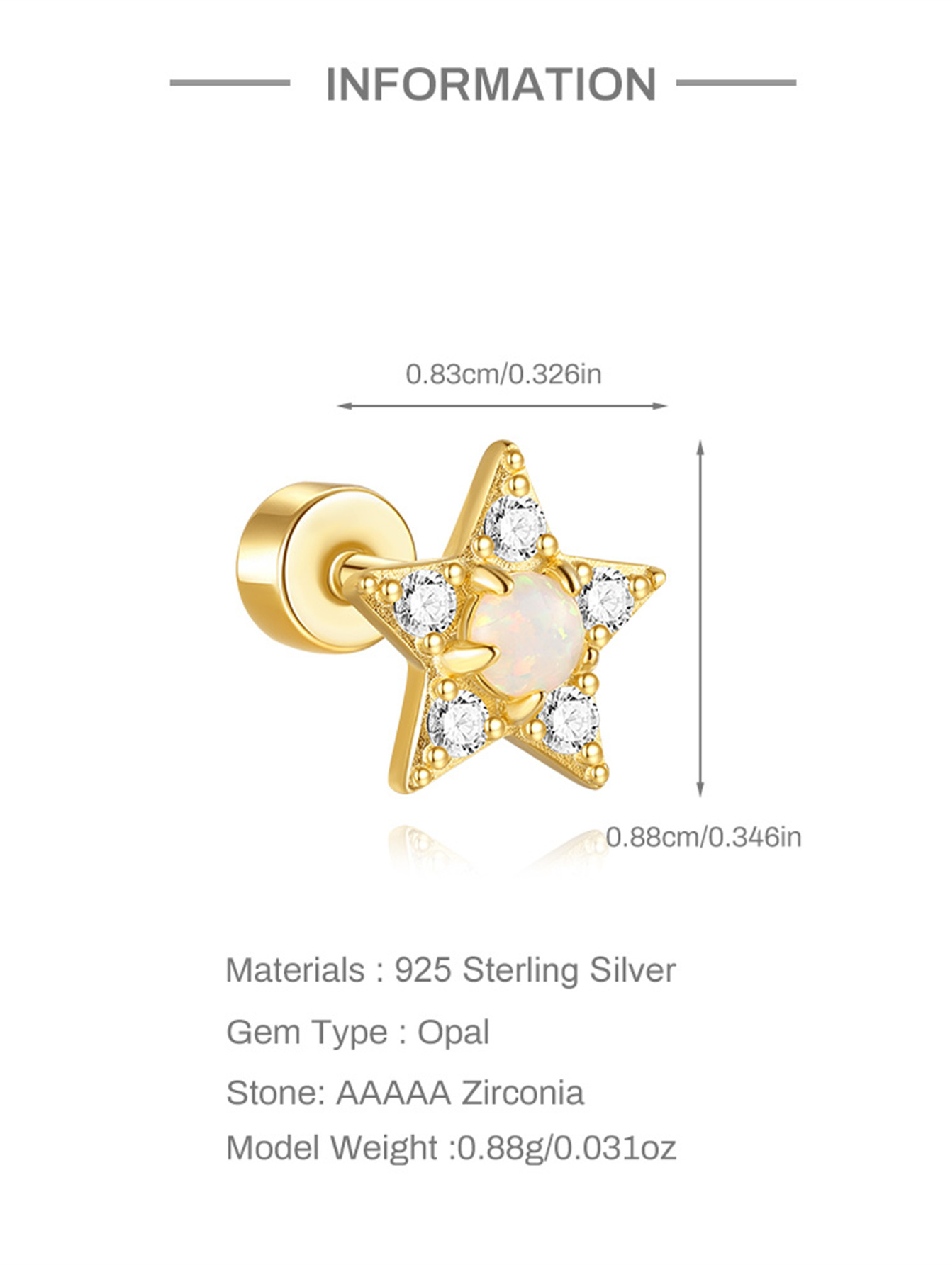 925 Star Opal Flat-head Threaded Cartilage Piercing Earring