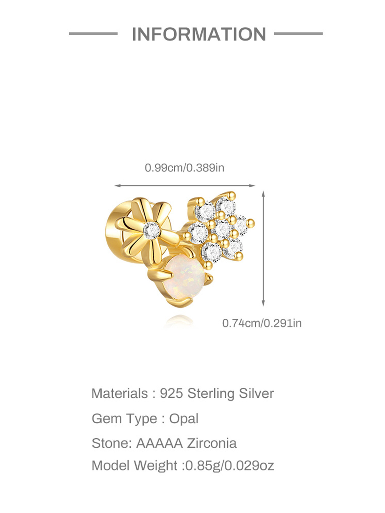 925 Opal Flat-head Threaded Cartilage Piercing Earring