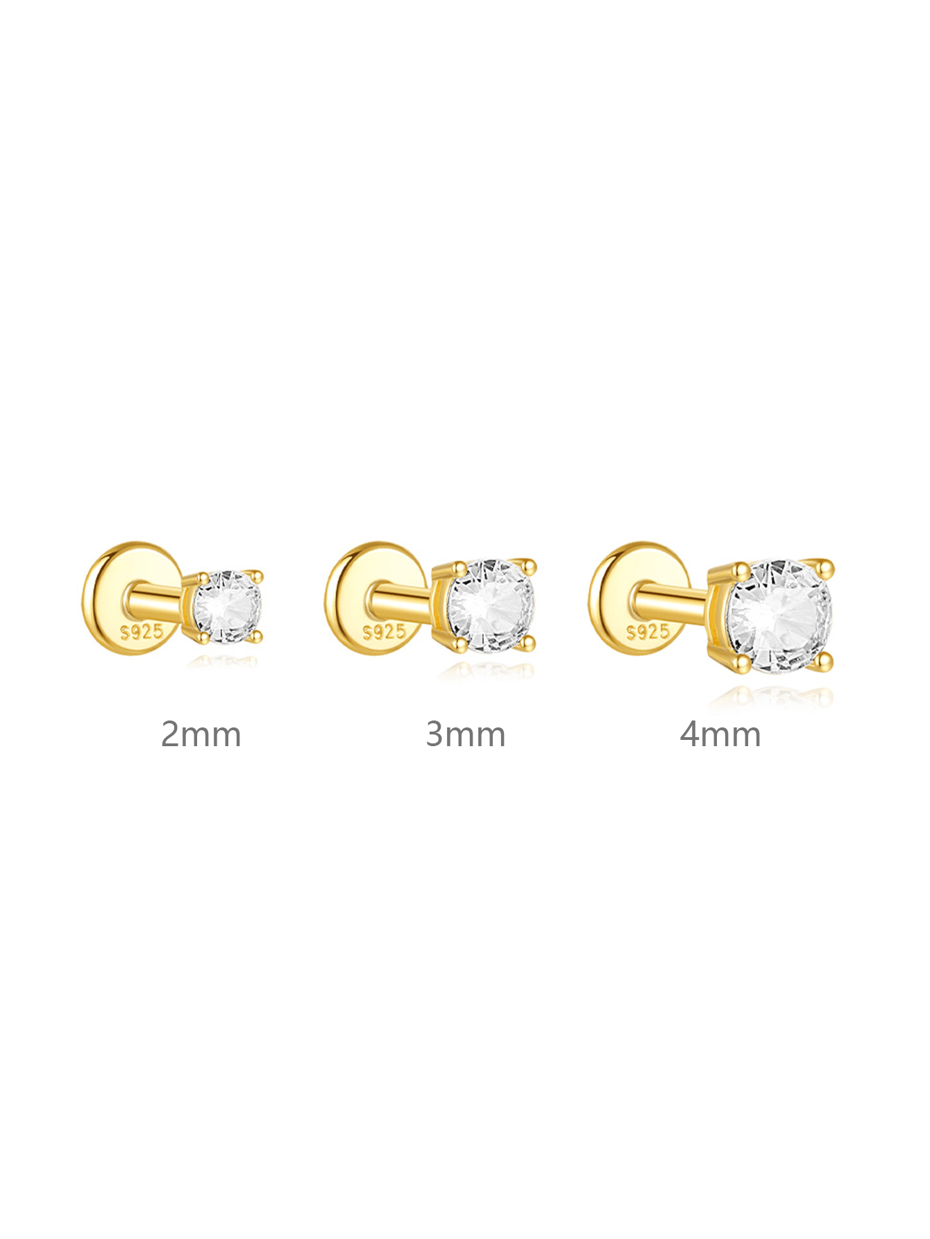 925 Sterling Silver Basic Round Zirconia Studs 2mm 3mm 4mm
