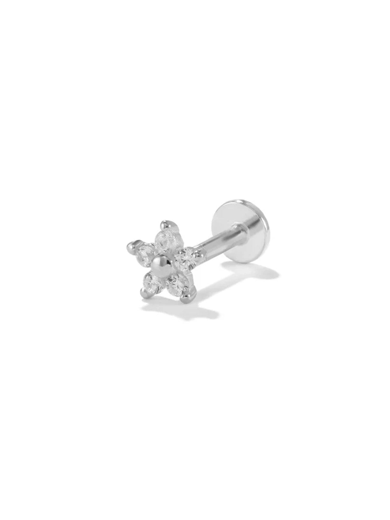 925 Sterling Silver Flower Zircon Threaded Ear Piercing Stud