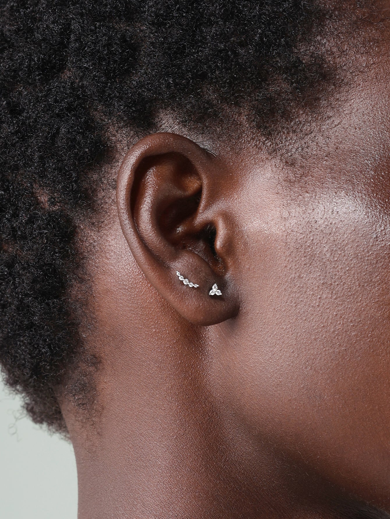 14K Solid Gold  Pave Crescent Ear Piercing Stud