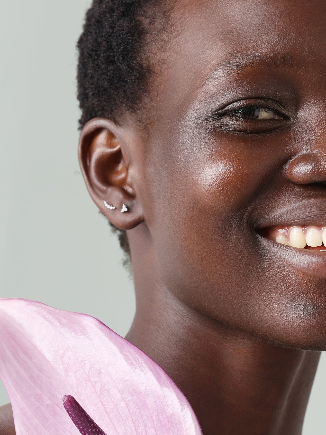 14K Solid Gold  Pave Crescent Ear Piercing Stud