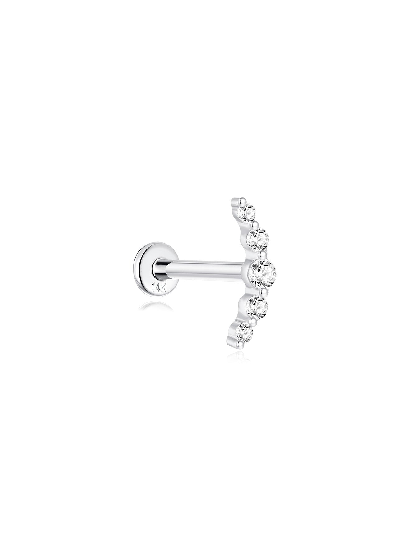 14K Solid Gold  Pave Crescent Ear Piercing Stud