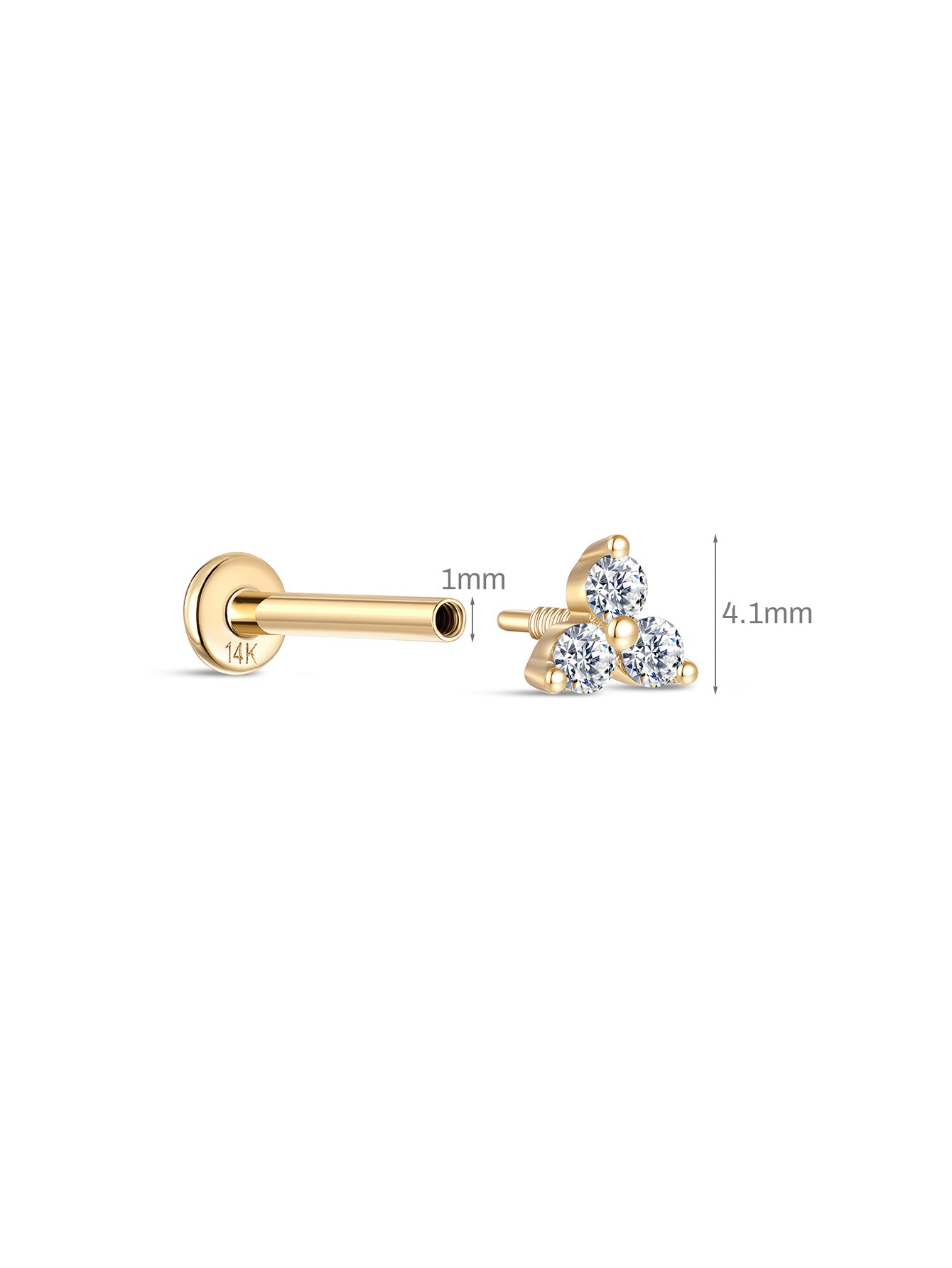 14K Solid Gold Trinity Shiny Ear Piercing Stud