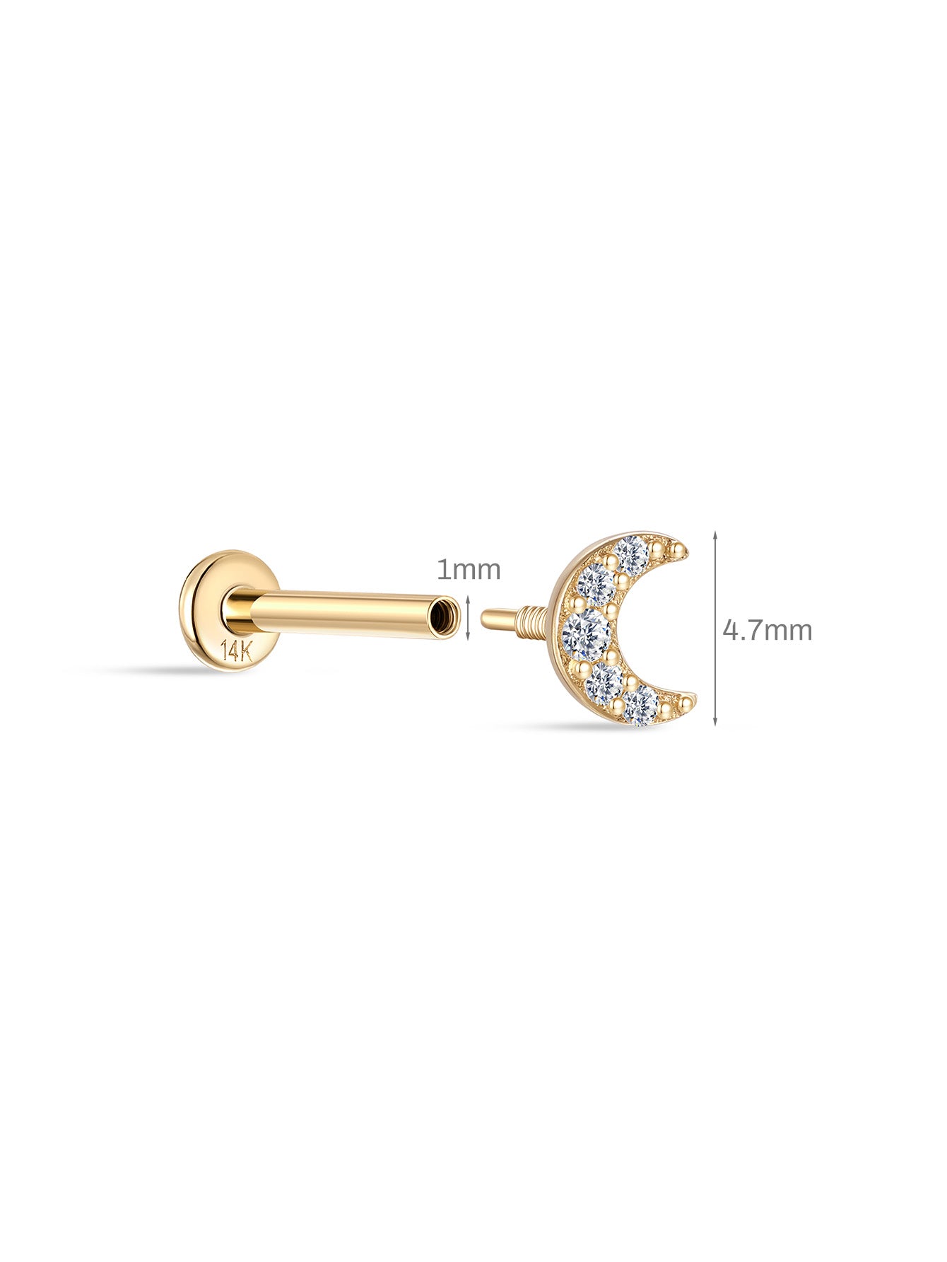 14K Solid Gold Moon Ear Piercing Stud