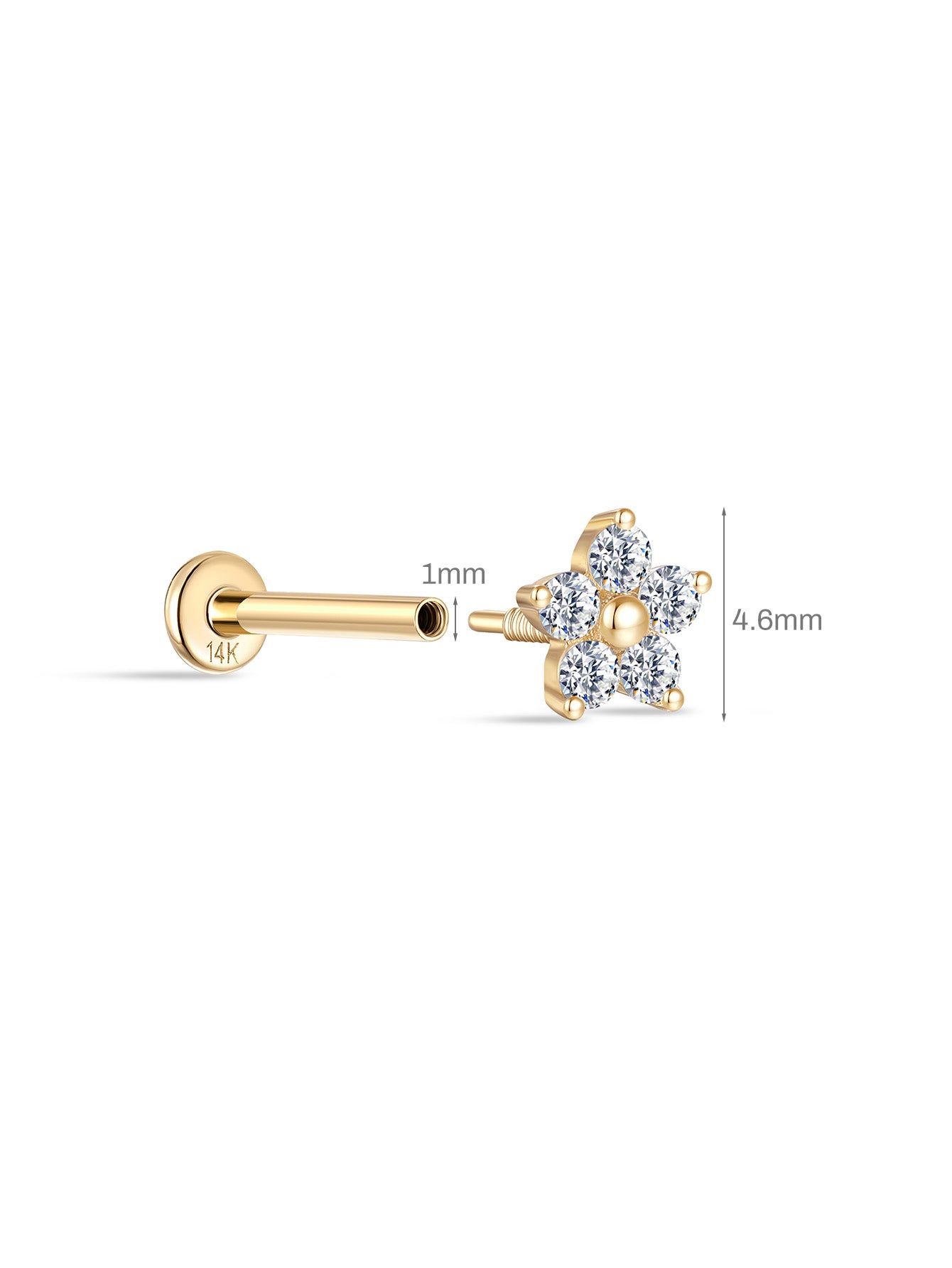 14K Solid Gold Flower Threaded Ear Piercing Stud