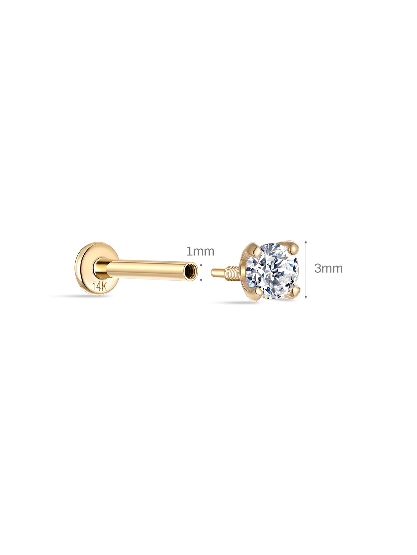 14K Solid Gold 3MM Classic Mini Ear Piercing Stud