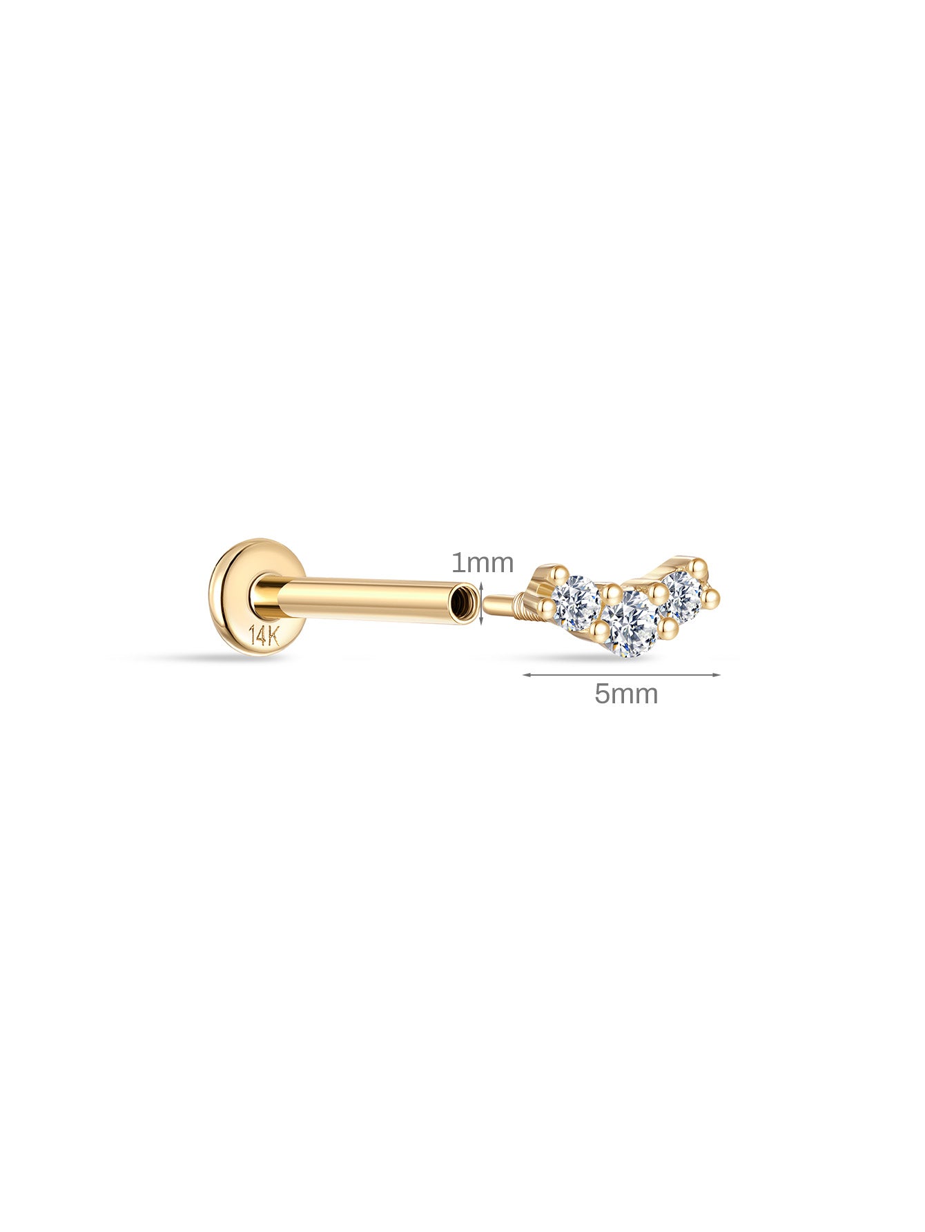 14K Solid Gold Pave Curved Ear Piercing Stud