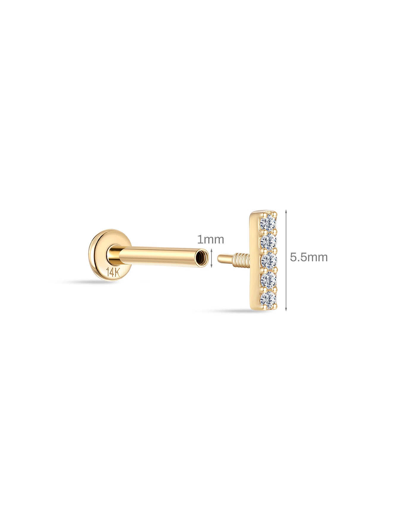 14K Solid Gold Bar Ear Piercing Stud