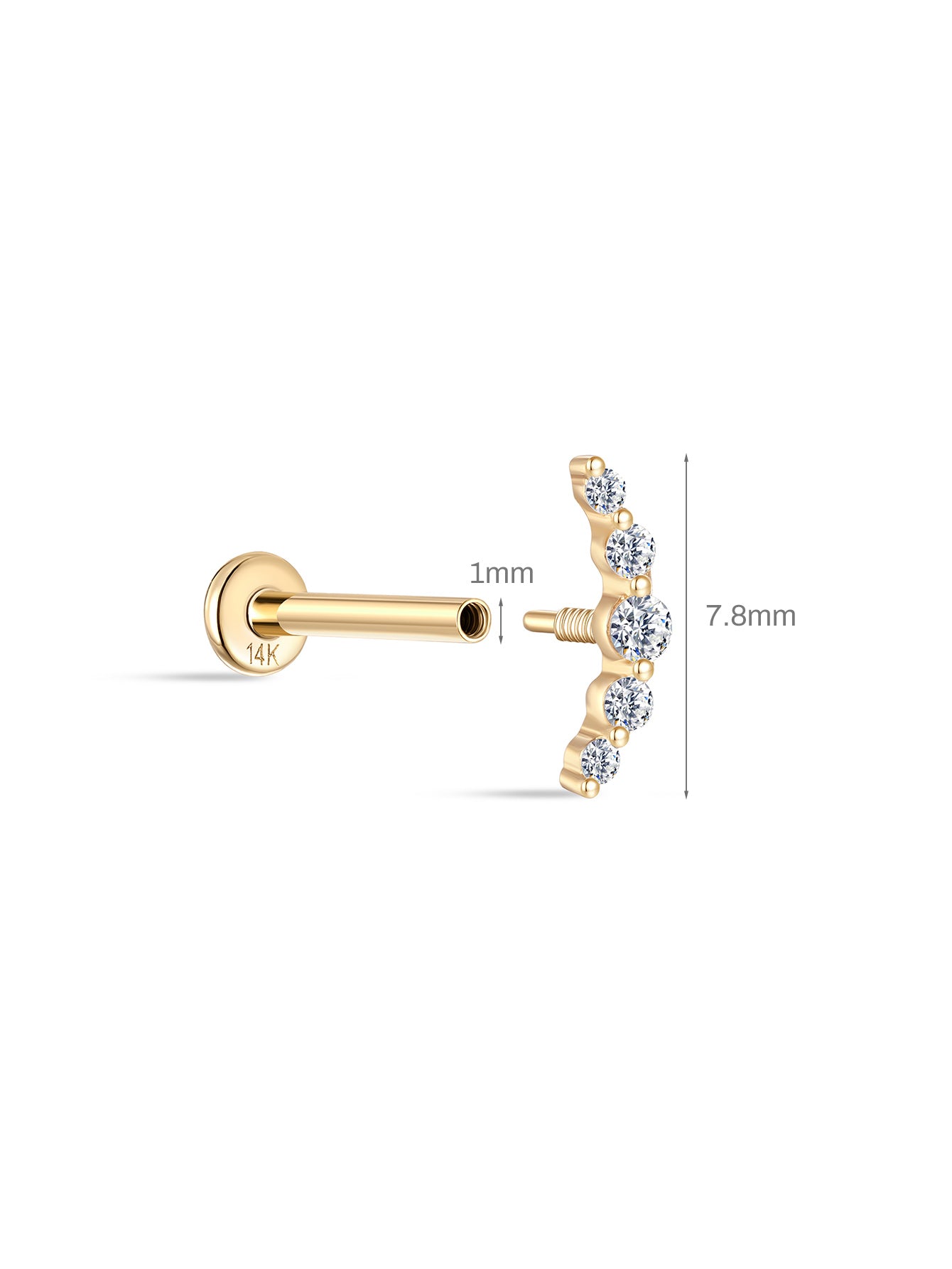 14K Solid Gold  Pave Crescent Ear Piercing Stud