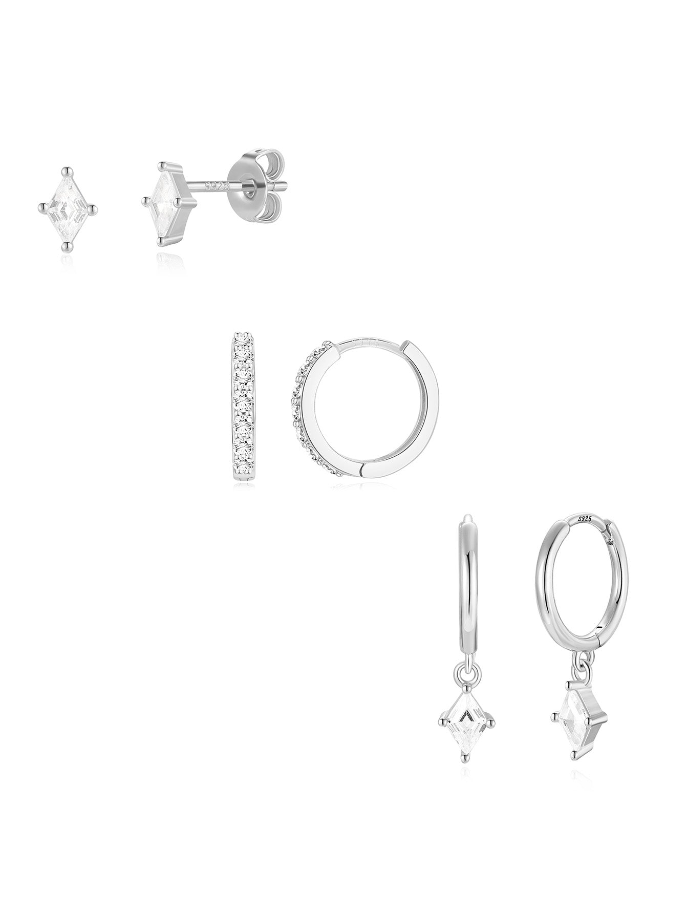 Quadrilateral Pendant Zirconia 3-Piece Earrings