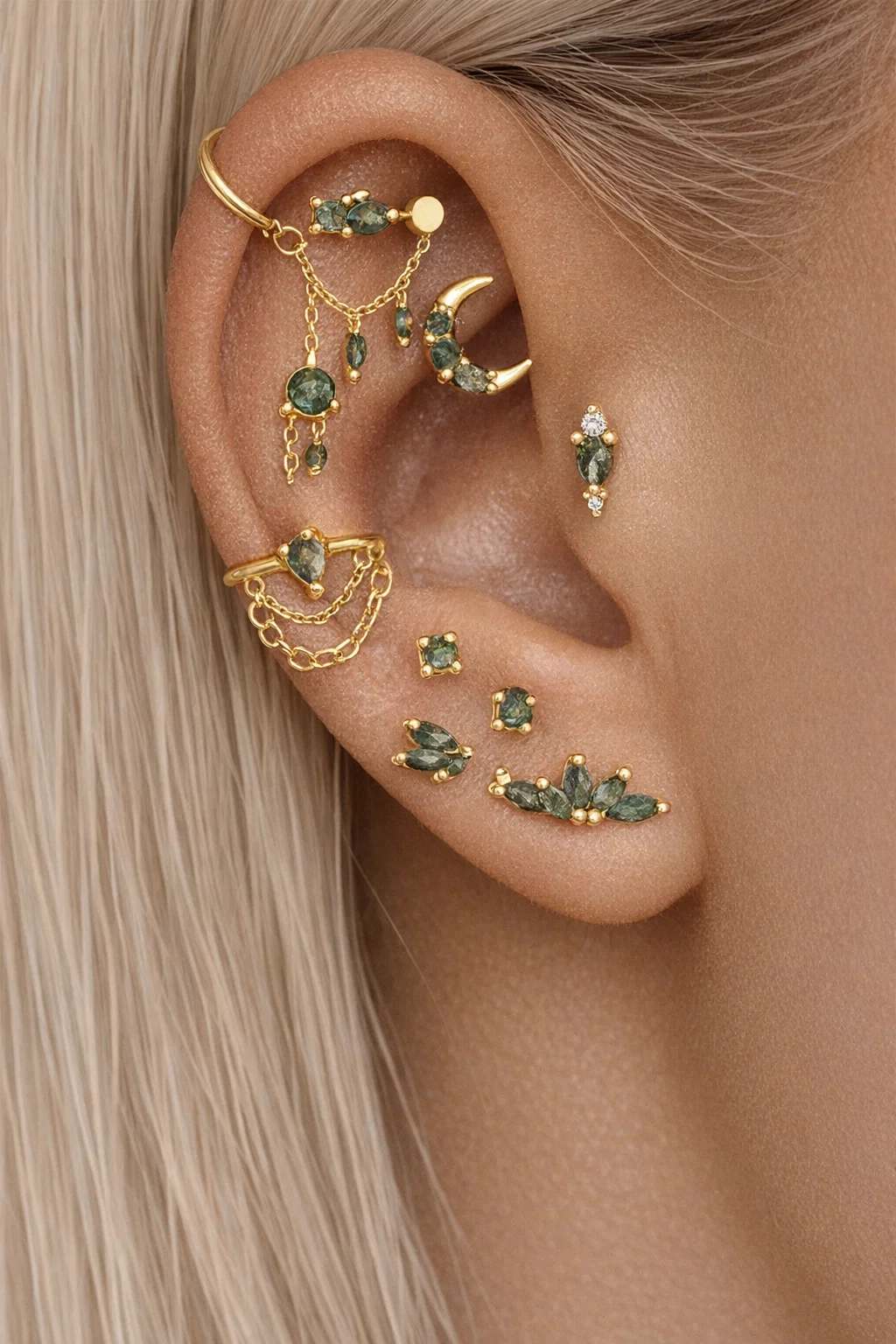 925 Natural Moss Mgate Flat-head Threaded Cartilage Piercing Earring