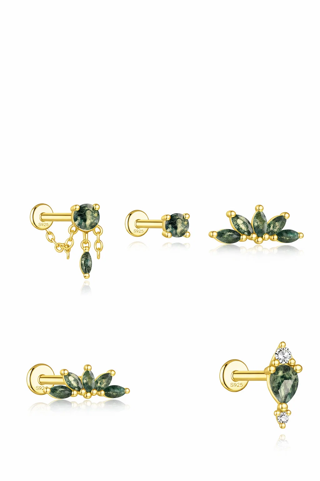 925 Natural Moss Mgate Flat-head Threaded Cartilage Piercing Earring