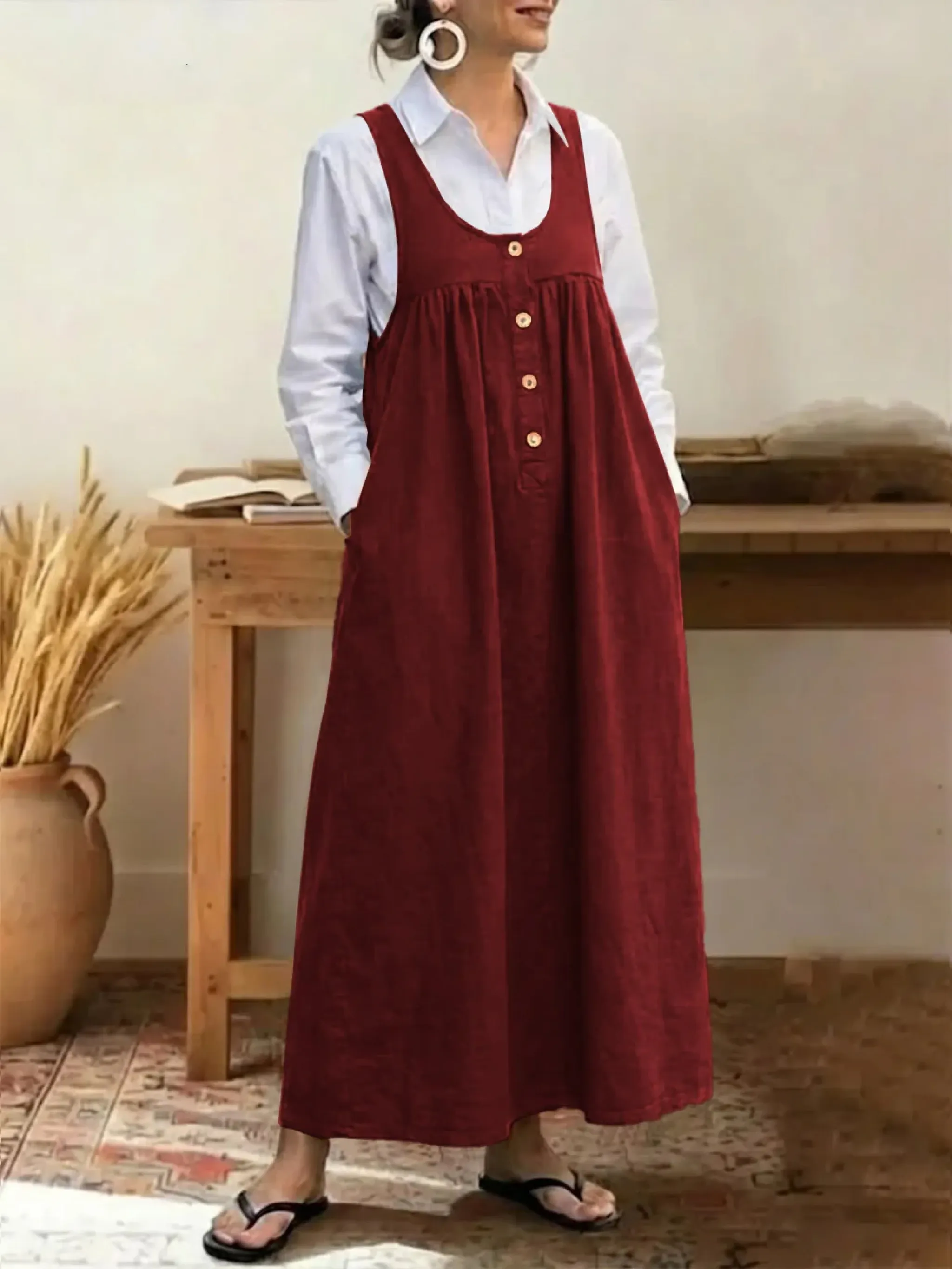 Women's Solid Color U-neck Sleeveless Casual Loose Cotton Vest Dress