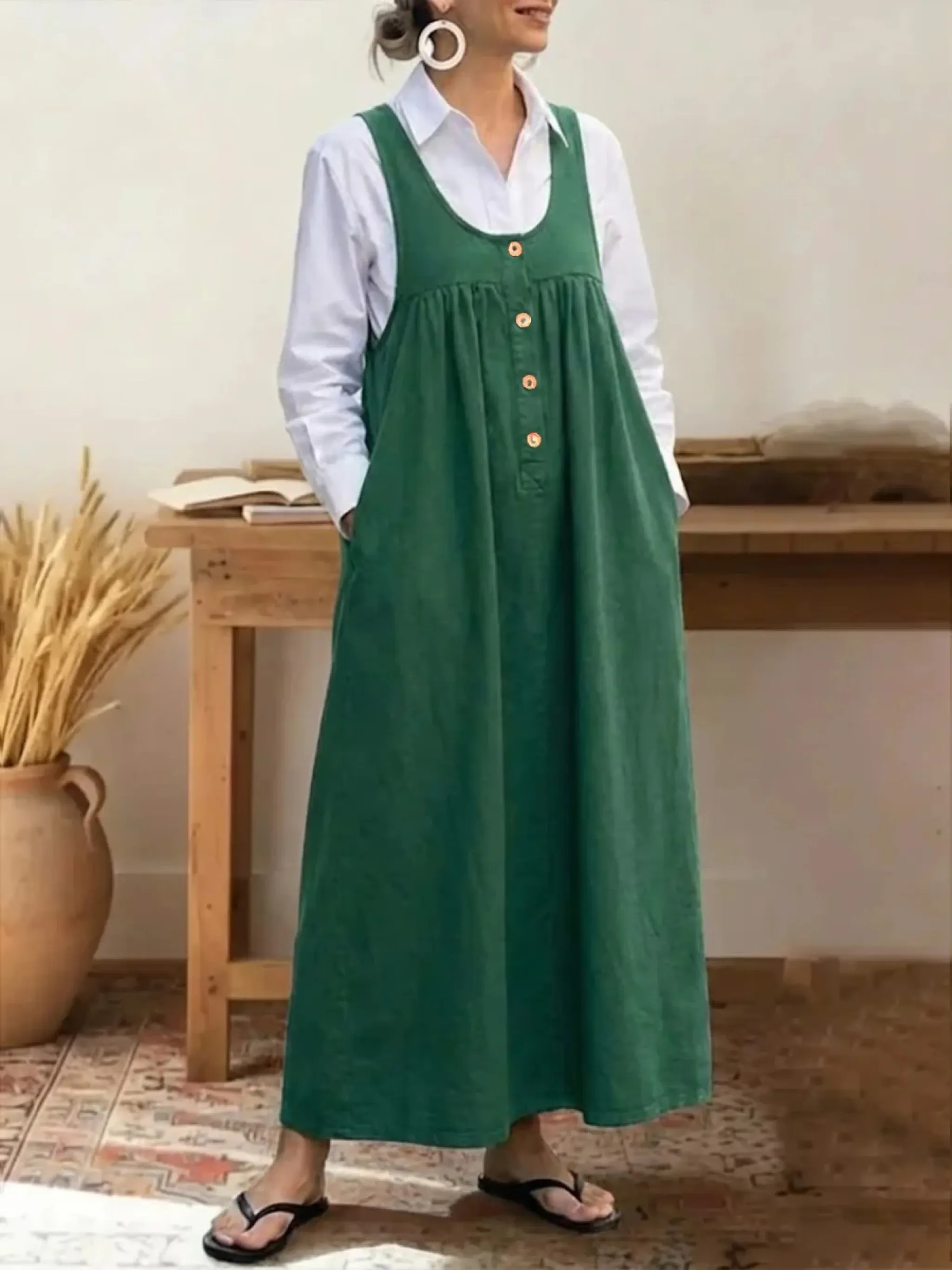 Women's Solid Color U-neck Sleeveless Casual Loose Cotton Vest Dress