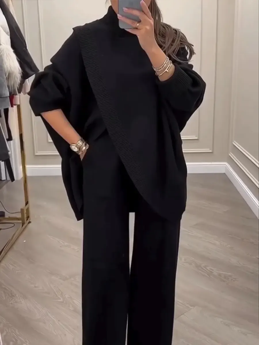 Women's Crossover Turtleneck Sweater And Trousers Two-piece Set