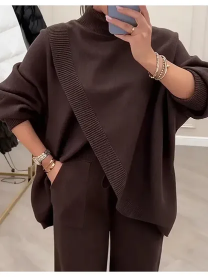 Women's Crossover Turtleneck Sweater And Trousers Two-piece Set