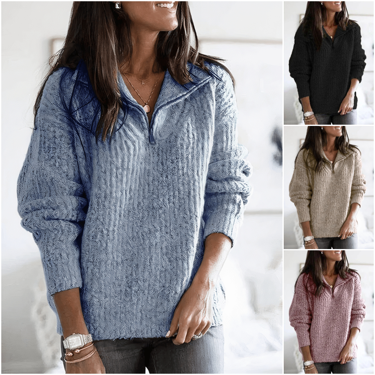 Ribbed Half Zip Sweater For Women