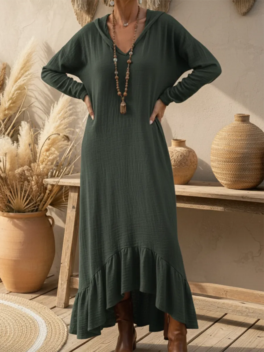 Boho Casual Loose-fitting Hooded Ruffled Hem Linen Dress