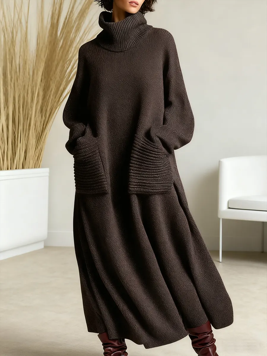 Women's Solid Color High-Neck Long-Sleeve Casual Loose Knit Dress