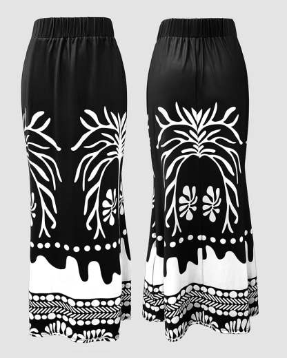 2 Pieces Outfit Tropical Print Lantern Sleeve Cold Shoulder Loose Top And Casual High Waist Fishtail Maxi Skirt Set